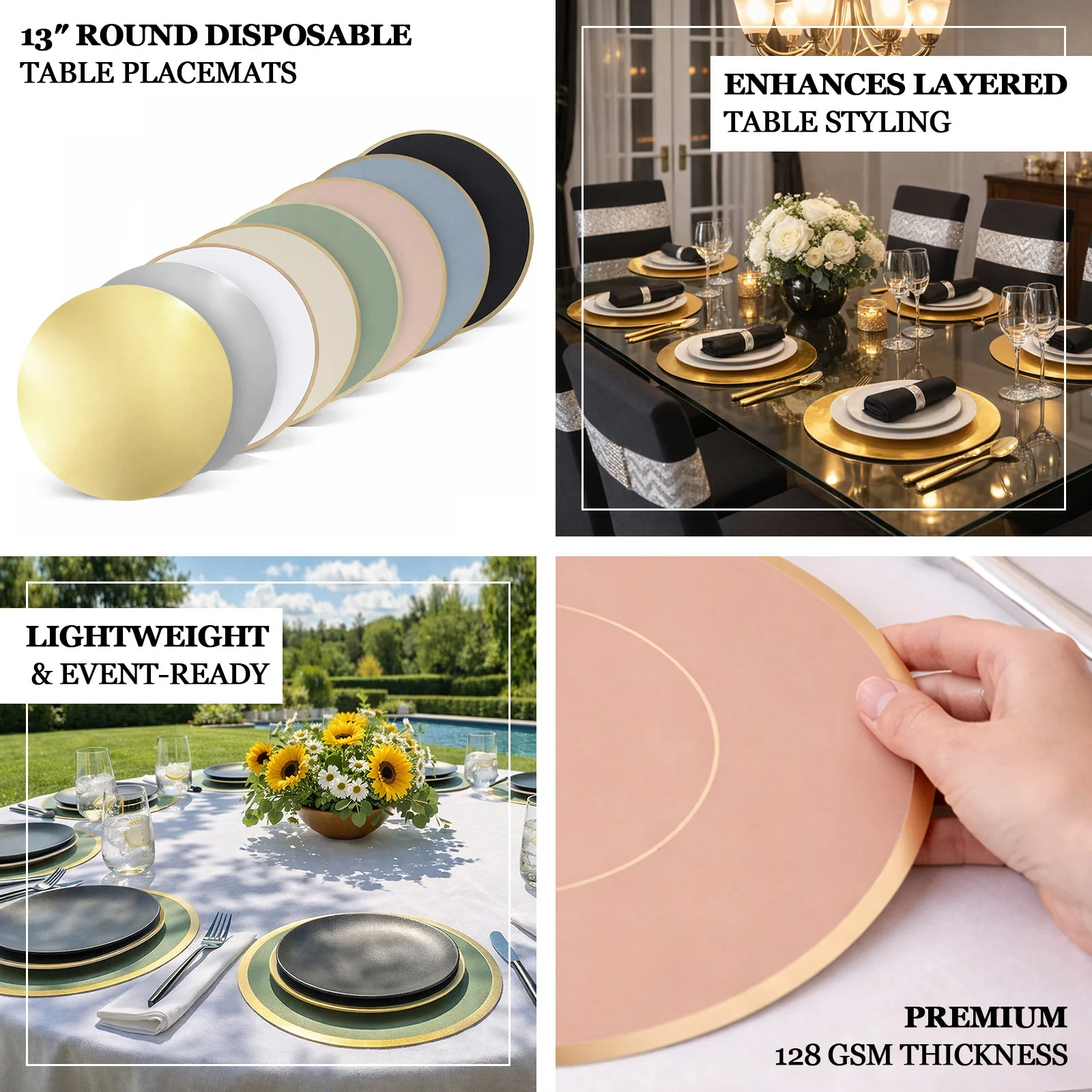 50 Pack Disposable Table Placemats 13" Round Gold – Cardboard Charger Plates for Elegant Table Settings, 128 GSM - Image 4