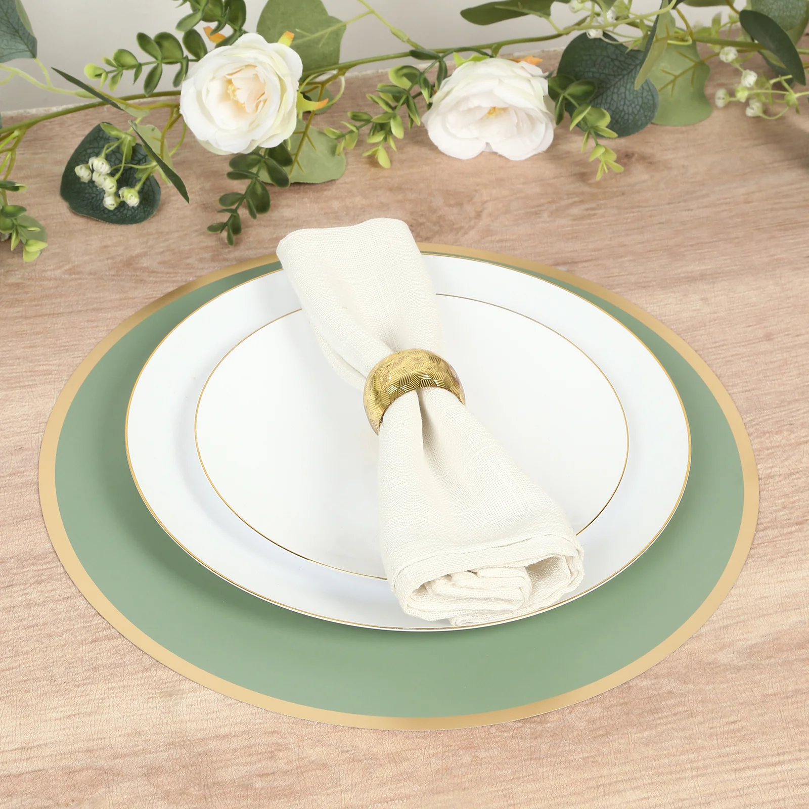 50 Pack Disposable Table Placemats 13" Round Sage Green with Gold Rim – Cardboard Charger Plates for Elegant Table Settings, 128 GSM - Image 6