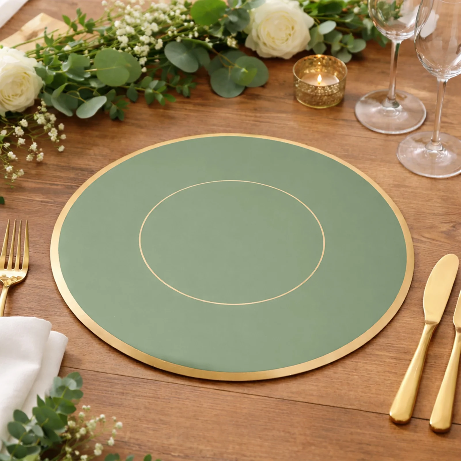 50 Pack Disposable Table Placemats 13" Round Sage Green with Gold Rim – Cardboard Charger Plates for Elegant Table Settings, 128 GSM - Image 9