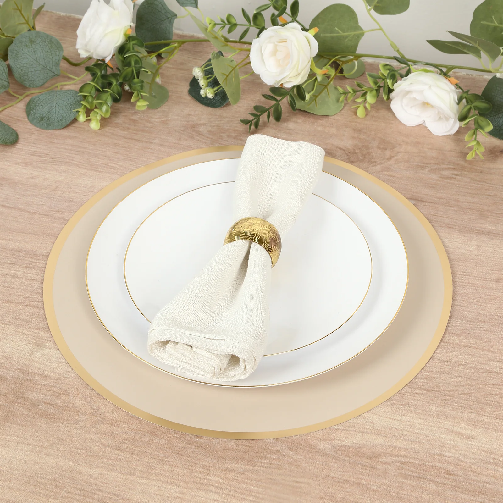 50 Pack Disposable Table Placemats 13" Round Taupe with Gold Rim – Cardboard Charger Plates for Elegant Table Settings, 128 GSM - Image 6