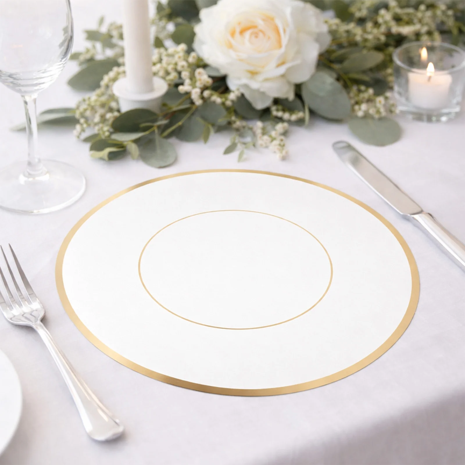 50 Pack Disposable Table Placemats 13" Round White with Gold Rim – Cardboard Charger Plates for Elegant Table Settings, 128 GSM