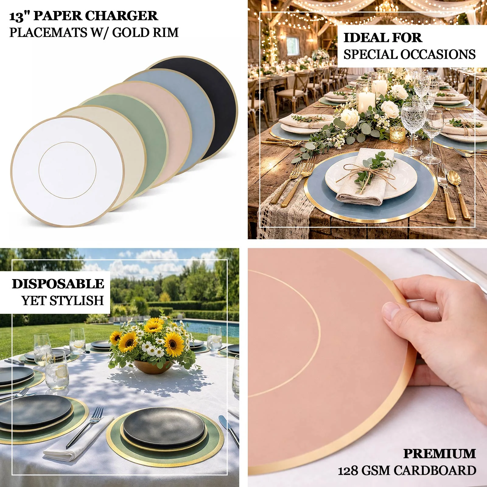 50 Pack Disposable Table Placemats 13" Round White with Gold Rim – Cardboard Charger Plates for Elegant Table Settings, 128 GSM - Image 4