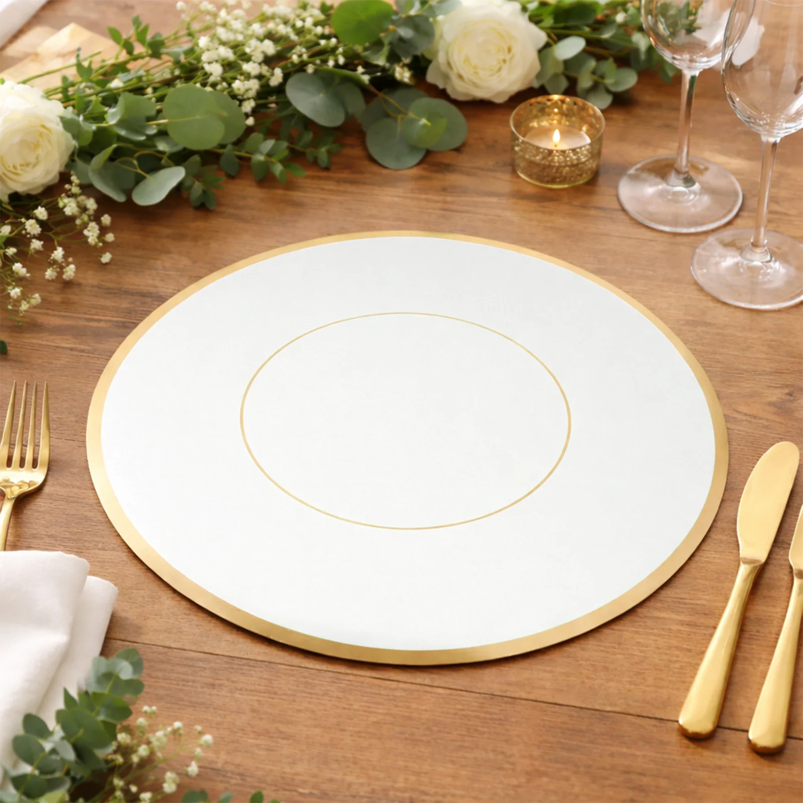50 Pack Disposable Table Placemats 13" Round White with Gold Rim – Cardboard Charger Plates for Elegant Table Settings, 128 GSM - Image 9