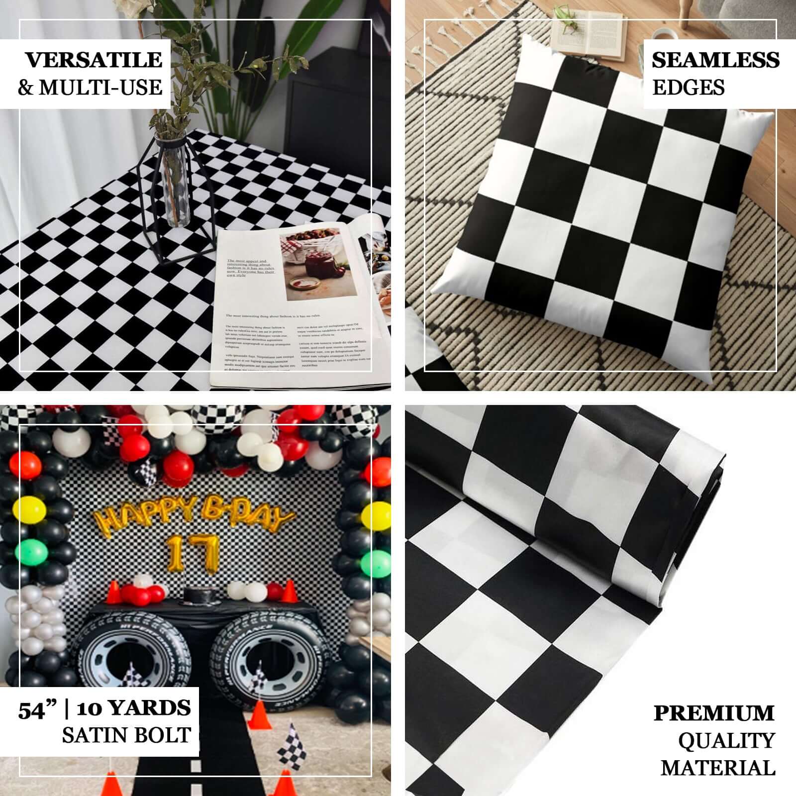 Black / White Checkered Satin Fabric Bolt, DIY Craft Fabric Roll 54"x10 Yards - Image 3