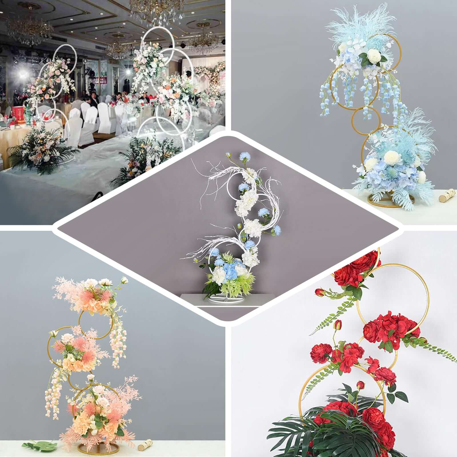 4-Tiered Gold Hoop Pillar Flower Stand, Metal Wedding Arch Table Centerpiece - Hoop Wreath 5ft - Image 5