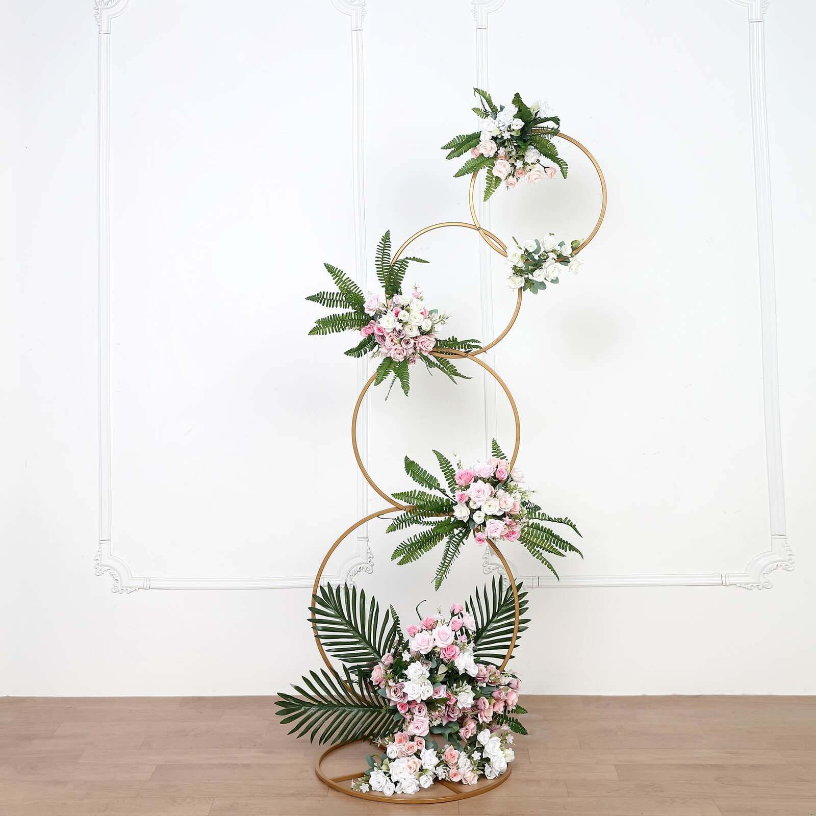 4-Tiered Gold Hoop Pillar Flower Stand, Metal Wedding Arch Table Centerpiece - Hoop Wreath 5ft - Image 6