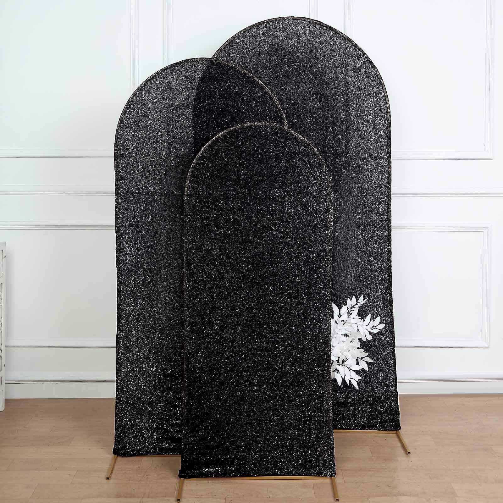 Black Shimmer Tinsel Spandex Wedding Arch Cover For Fitted Round Top Chiara Backdrop Stand 5ft - Image 2