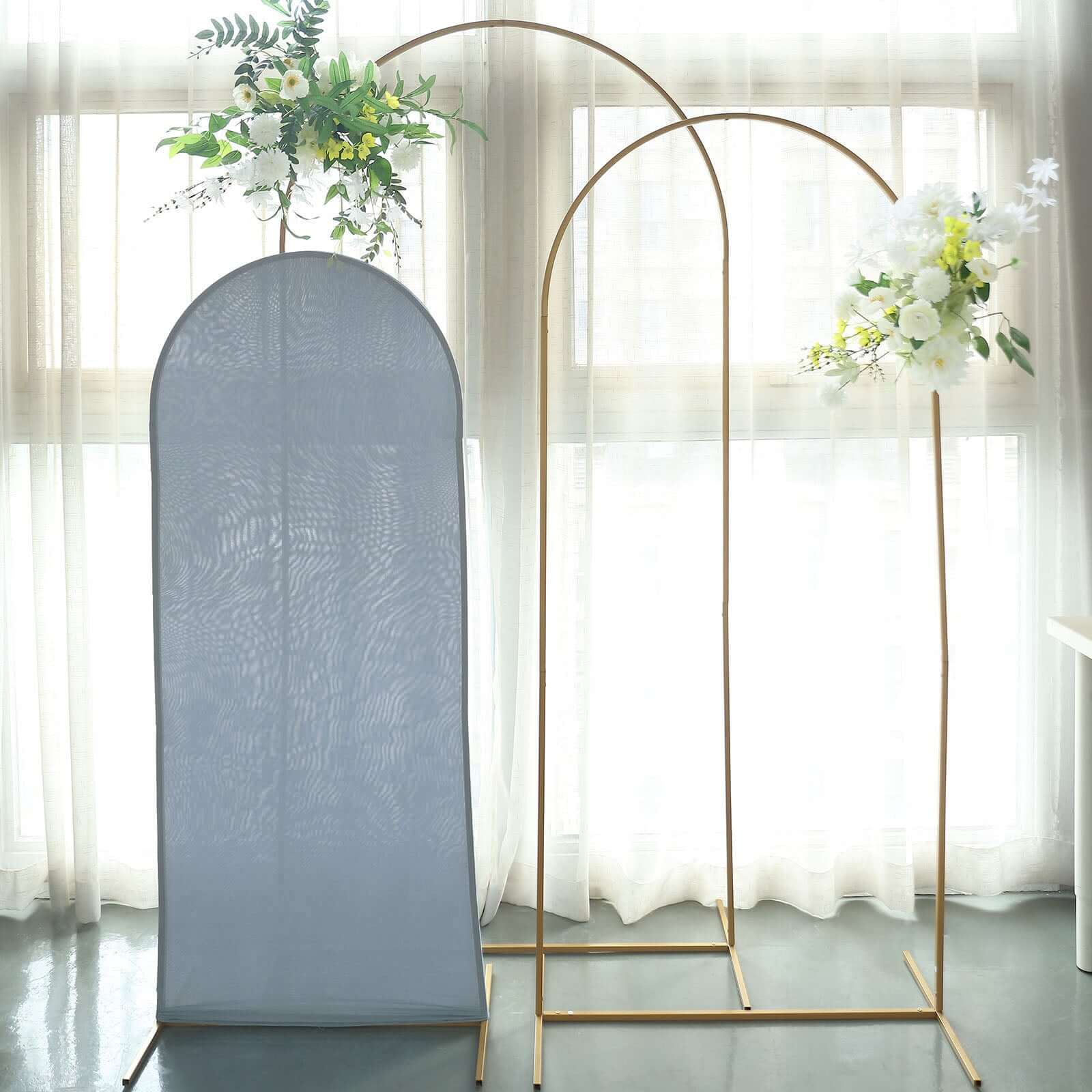 Matte Dusty Blue Spandex Fitted Wedding Arch Cover For Round Top Chiara Backdrop Stand 5ft - Image 7