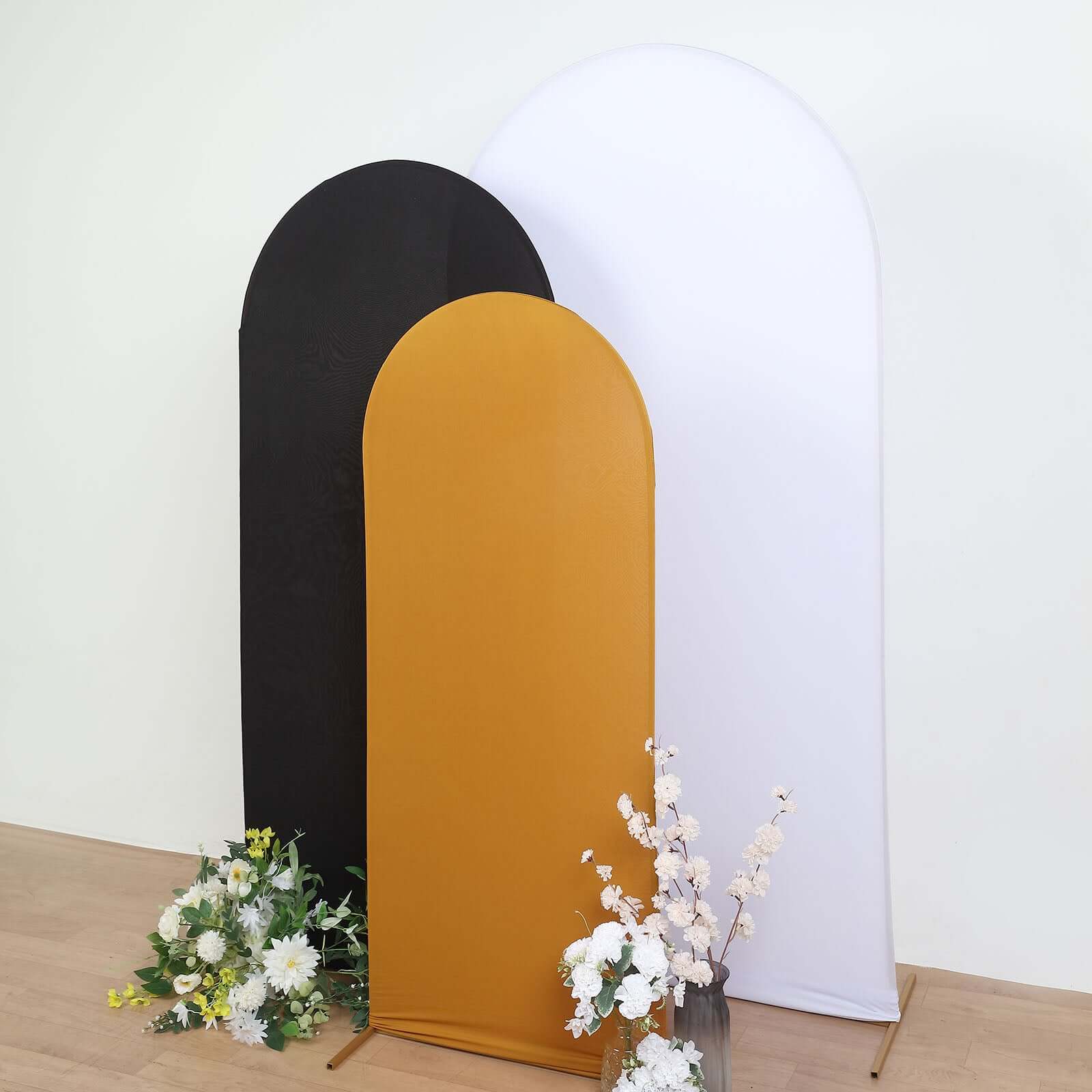 Matte Gold Spandex Fitted Wedding Arch Cover For Round Top Chiara Backdrop Stand 5ft - Image 2