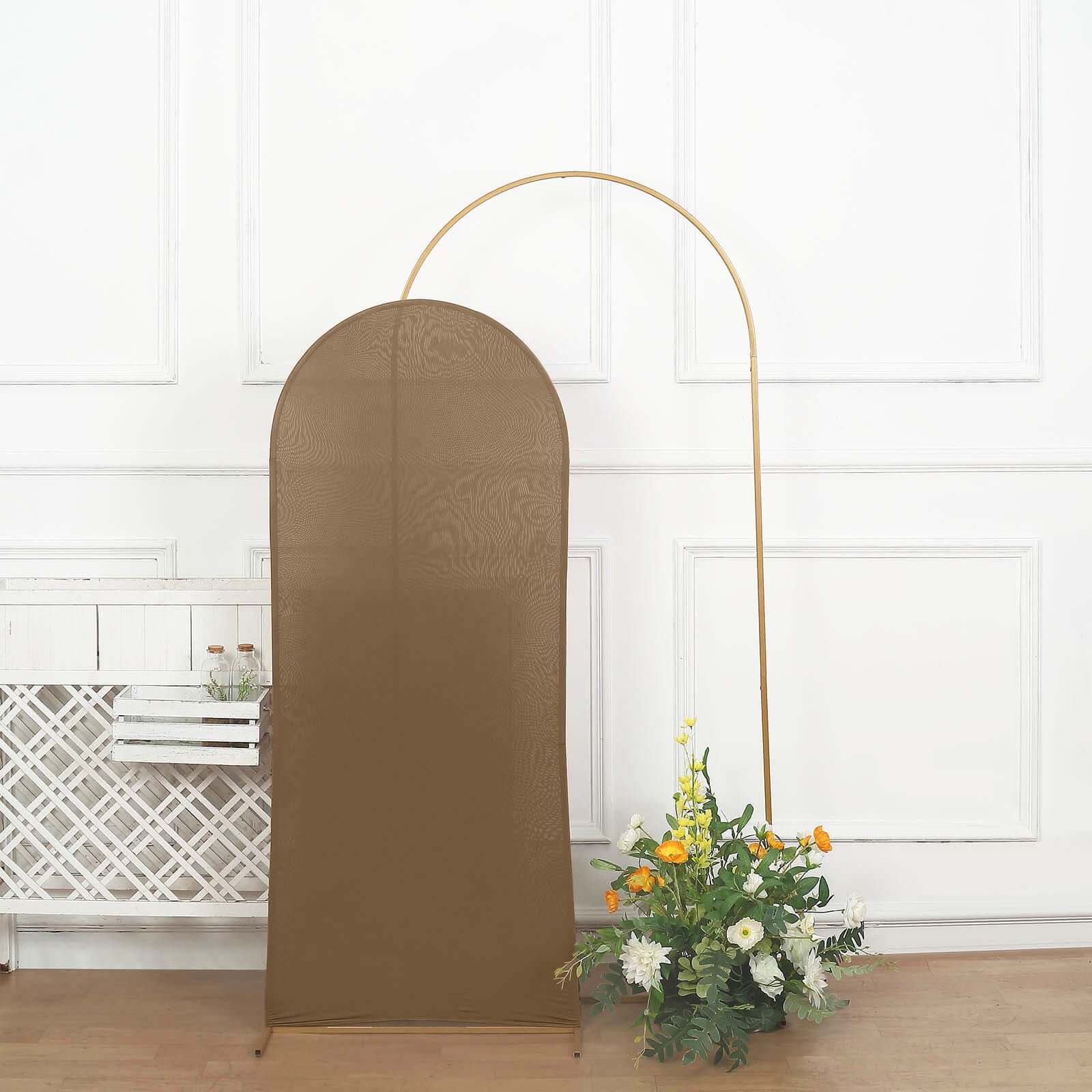 Matte Taupe Spandex Fitted Wedding Arch Cover For Round Top Chiara Backdrop Stand 5ft - Image 7