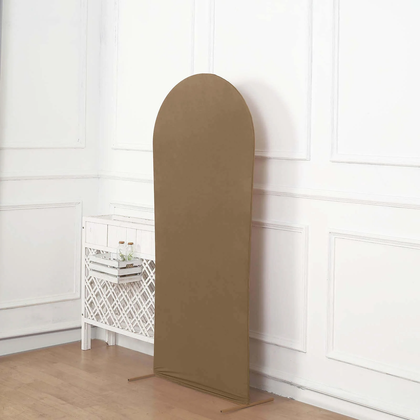 Matte Taupe Spandex Fitted Wedding Arch Cover For Round Top Chiara Backdrop Stand 5ft - Image 9