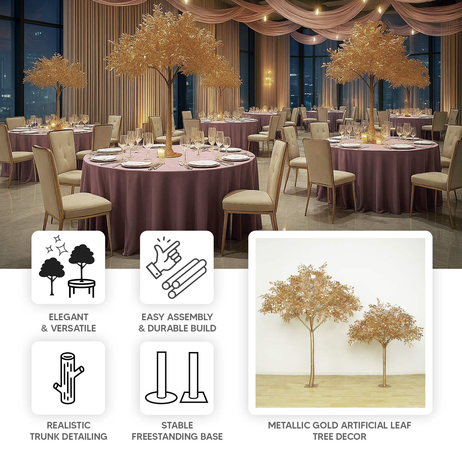 5ft Metallic Gold Faux Leaf Trees – Indoor Event Décor with Realistic Trunk Base - Image 3