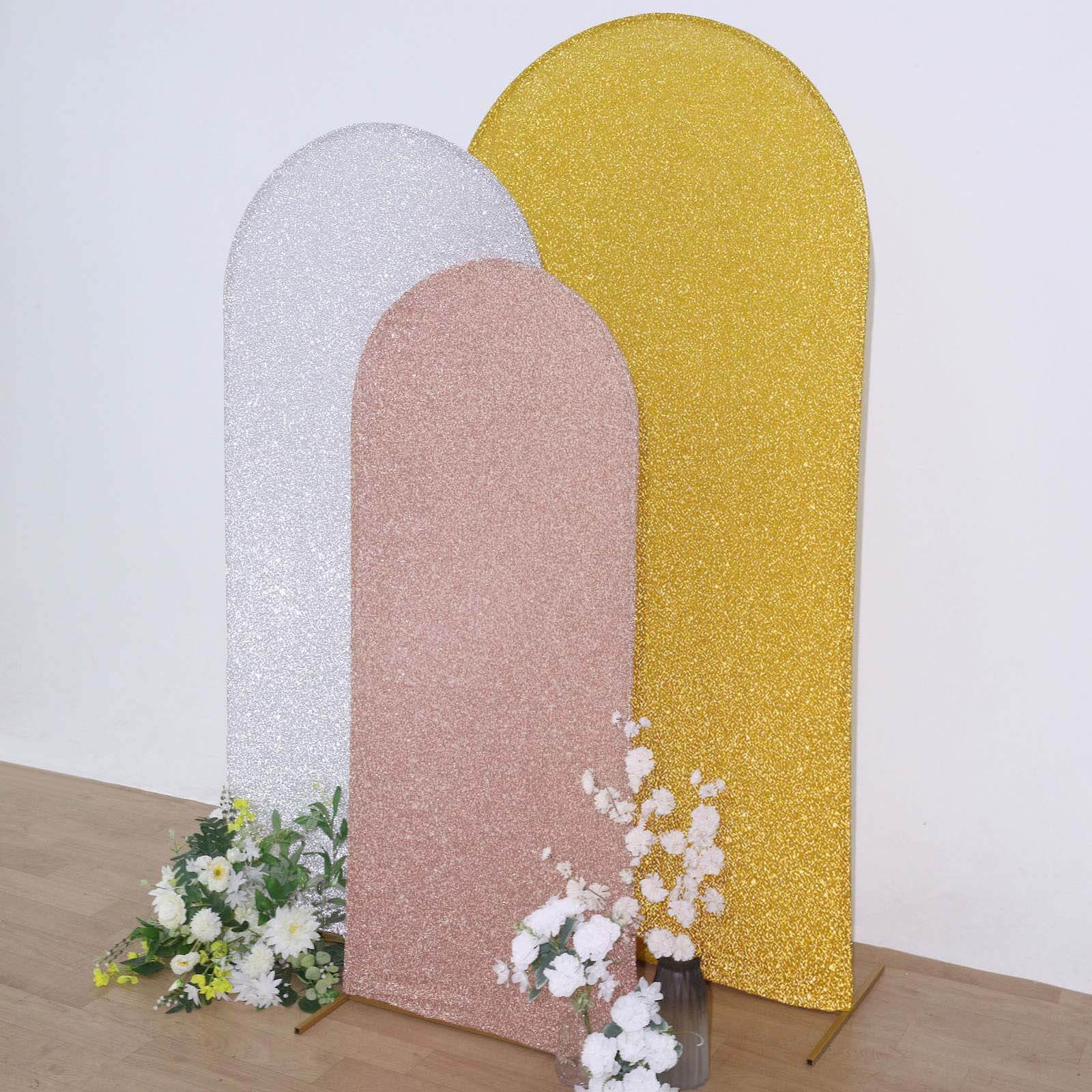 Rose Gold Shimmer Tinsel Spandex Wedding Arch Cover For Fitted Round Top Chiara Backdrop Stand 5ft - Image 2