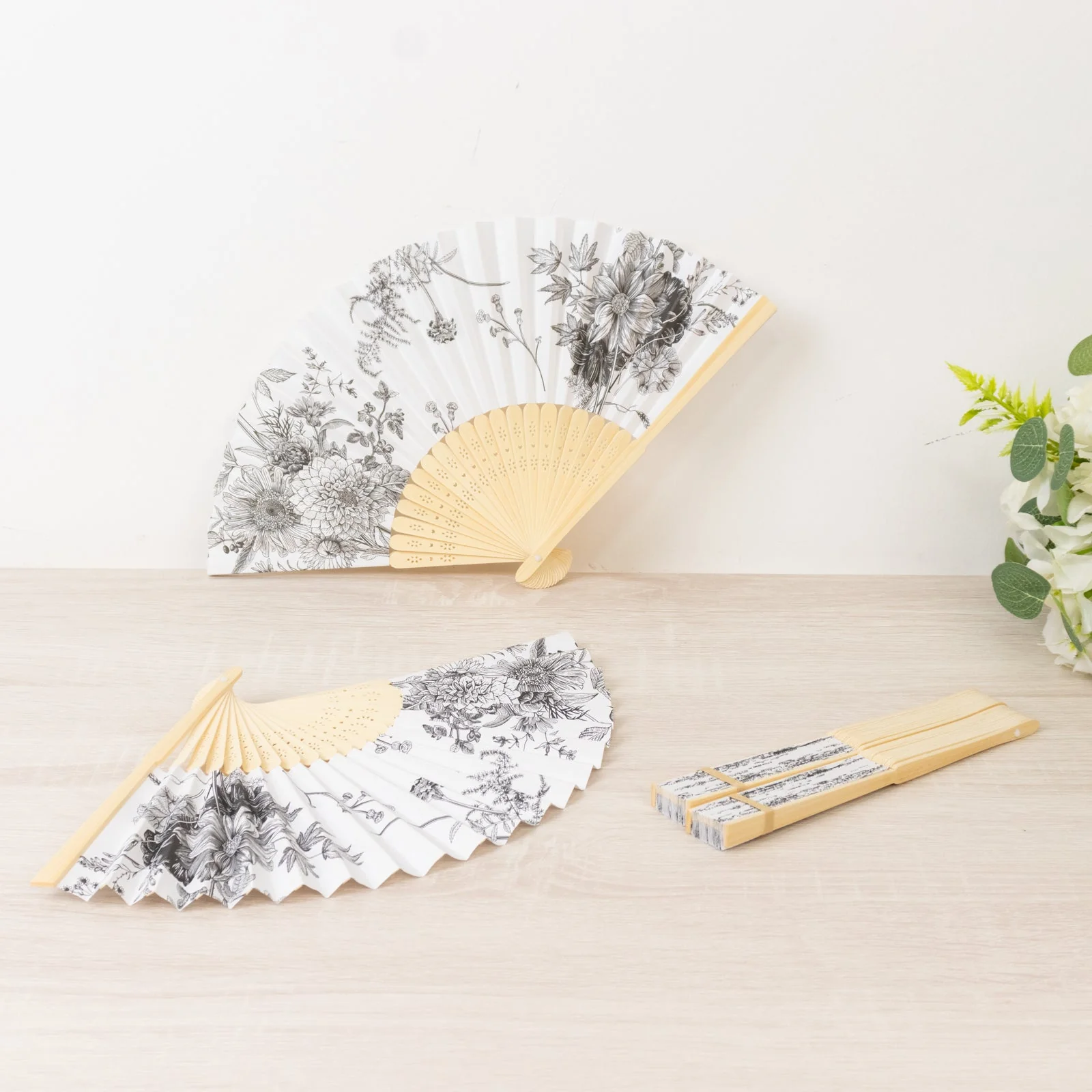 5-Pack Paper Folding Fans in White & Black French Toile Pattern, Handheld Party Favors Fans with Bamboo Frame - Image 6
