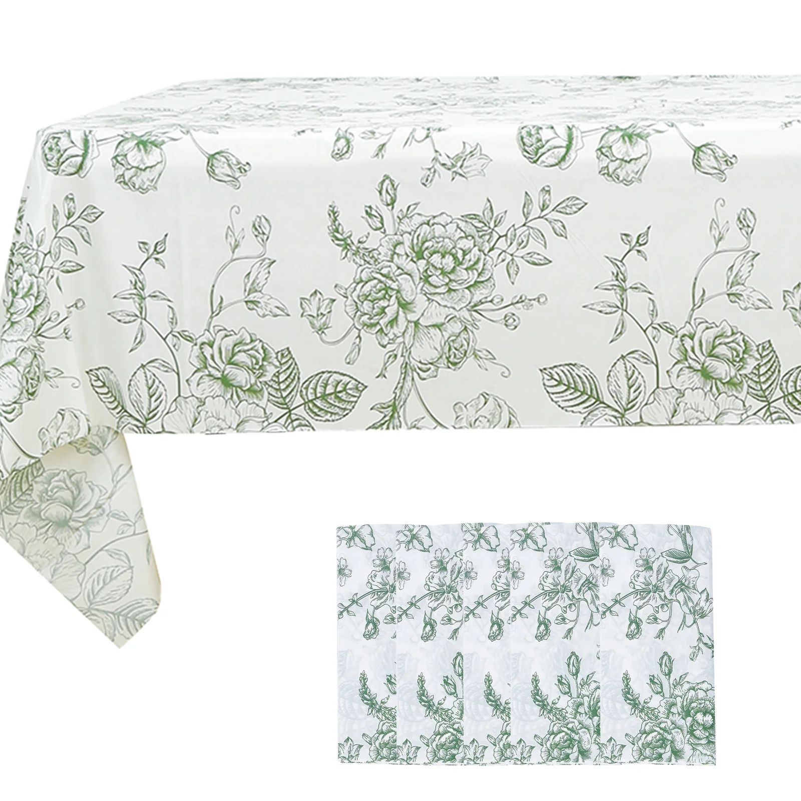 5-Pack Rectangular Plastic Tablecloths 54"x108" – White with Sage Green French Toile Pattern, PVC Waterproof Disposable Covers - Image 3
