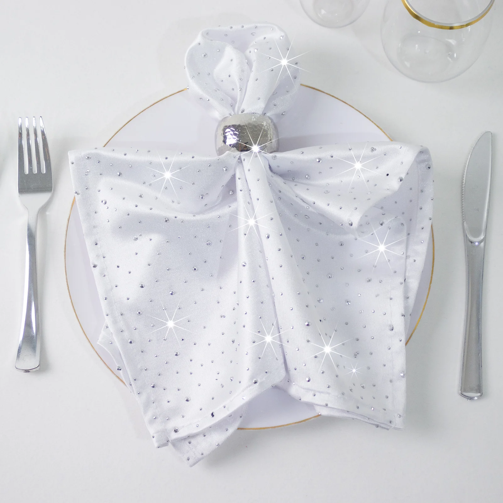 5-Pack Scuba Polyester Napkins with Rhinestone Accents – White 20"x20" Wrinkle-Free Reusable Cloth Napkins - Image 3