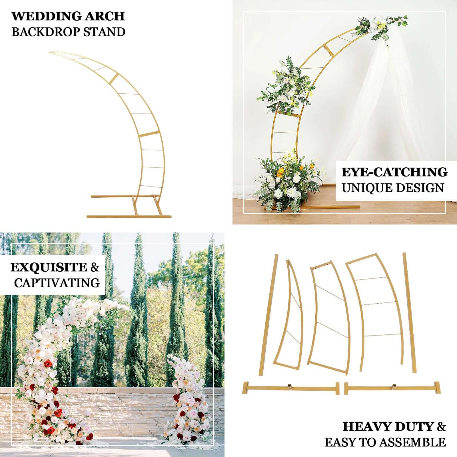 Gold Metal Half Crescent Moon Wedding Arch Flower Stand, Curved Arbor Balloon Frame 6.5ft - Image 8