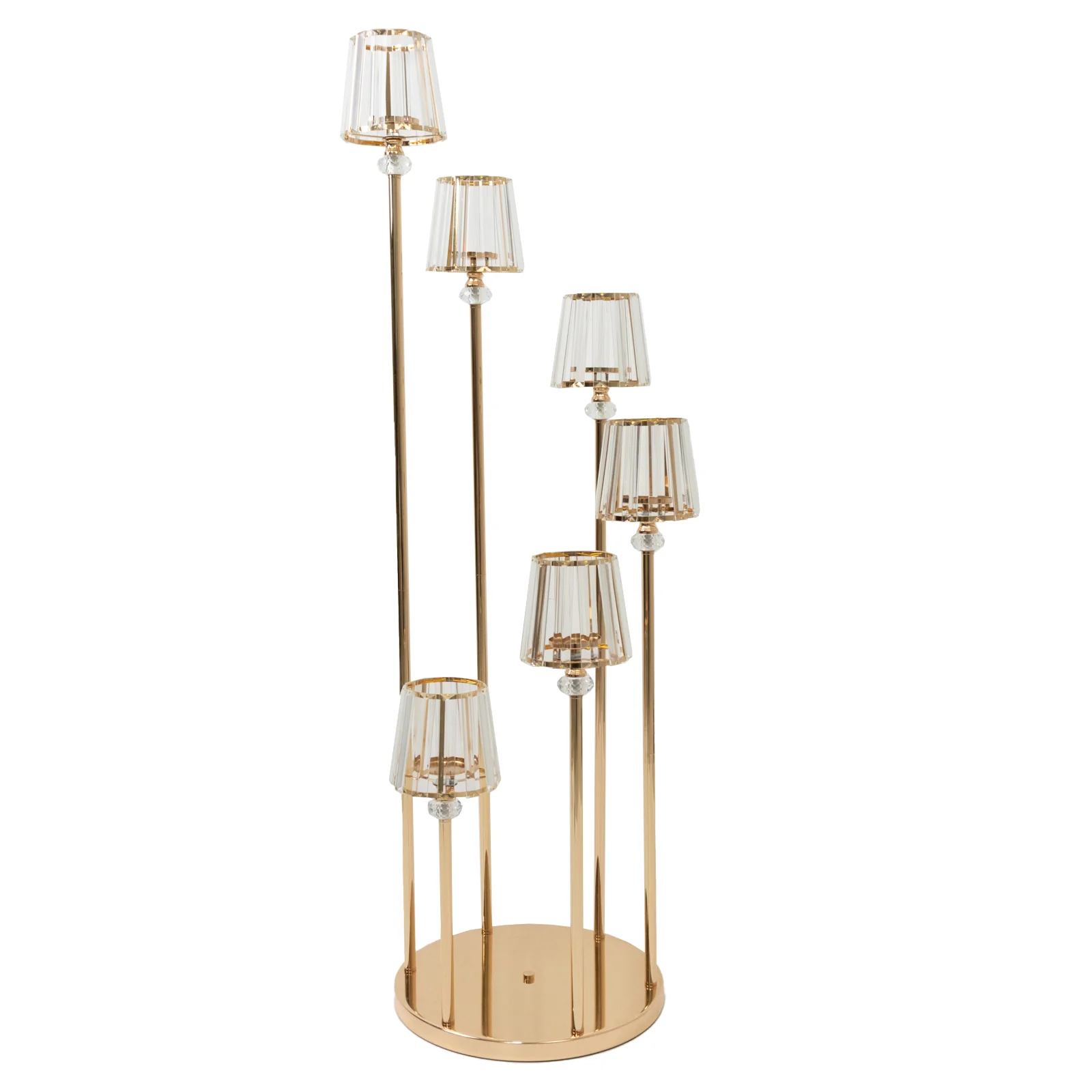 6-Arm Crystal Pendant Cluster Candelabra Candle Holder, 4ft Gold Metal Candle Stand with Round Base - Image 2