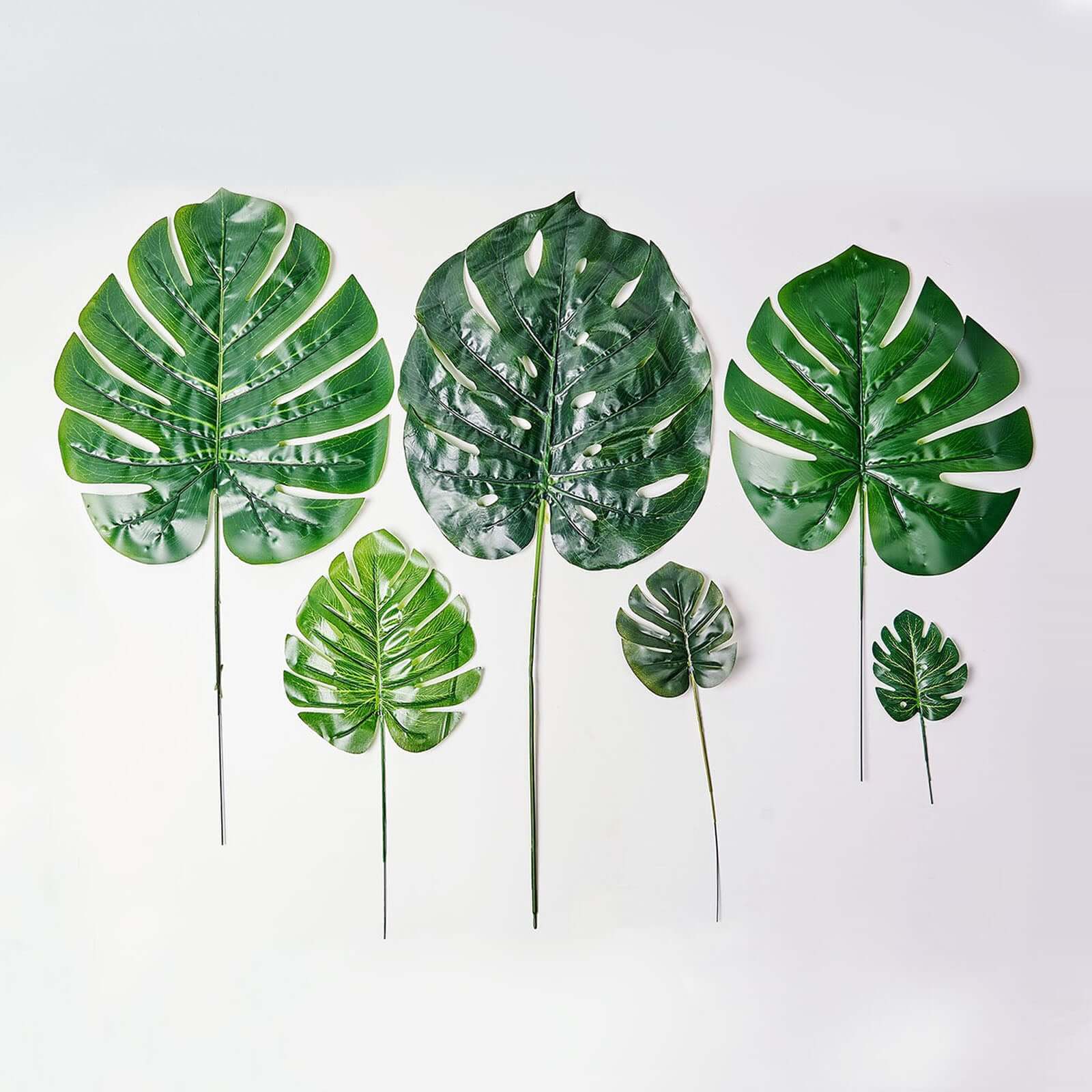 6 Stems Assorted Green Artificial Silk Tropical Monstera Leaf Plants - Image 2