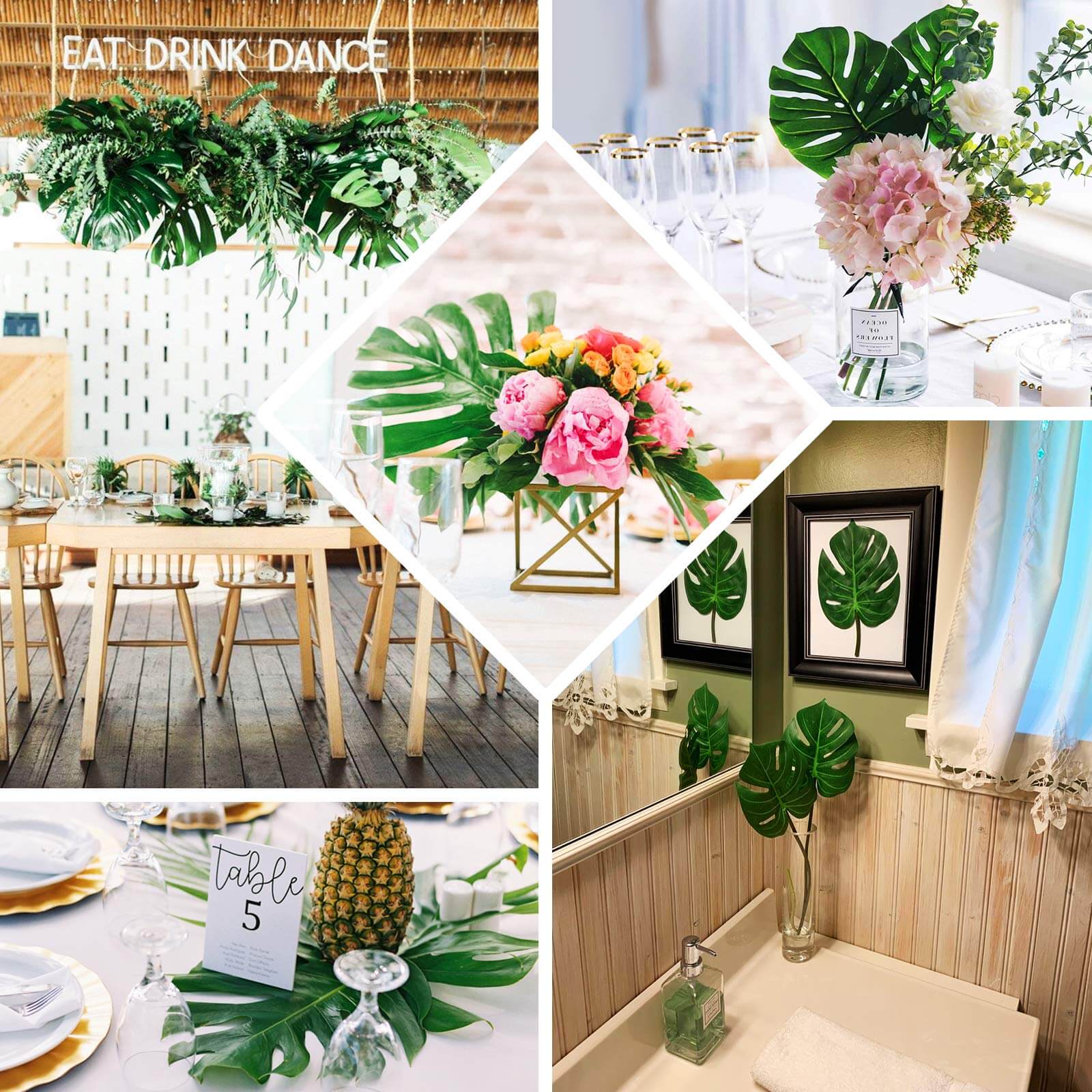 6 Stems Assorted Green Artificial Silk Tropical Monstera Leaf Plants - Image 4
