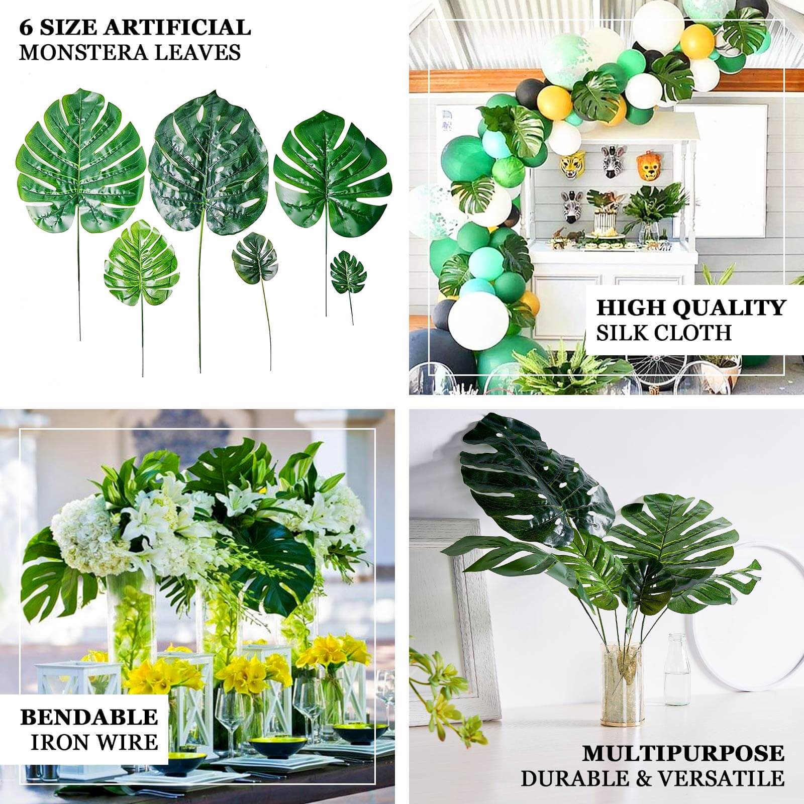 6 Stems Assorted Green Artificial Silk Tropical Monstera Leaf Plants - Image 6