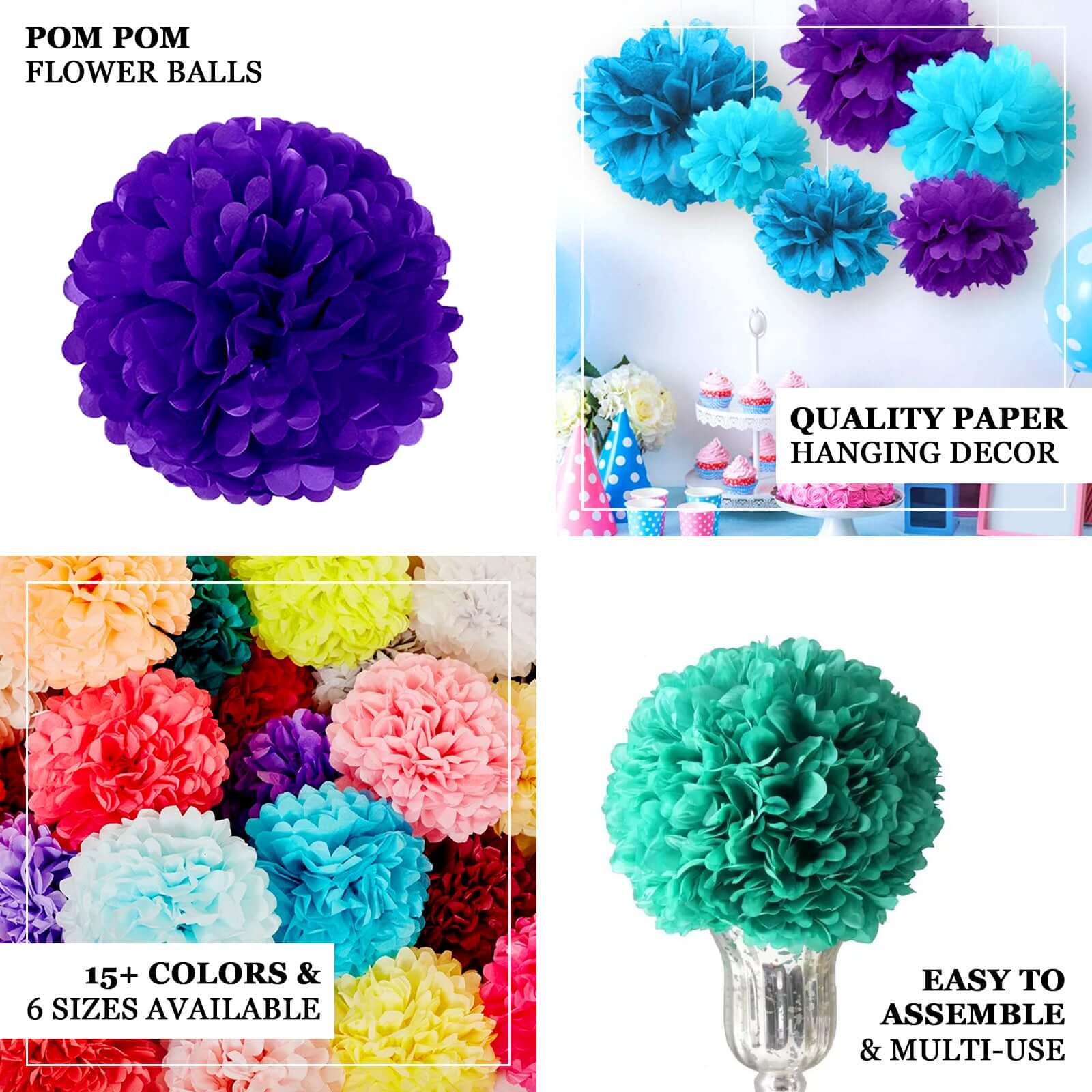 6 Pack White Tissue Paper Pom Poms Flower Balls, Ceiling Wall Hanging Decorations 10" - Image 4