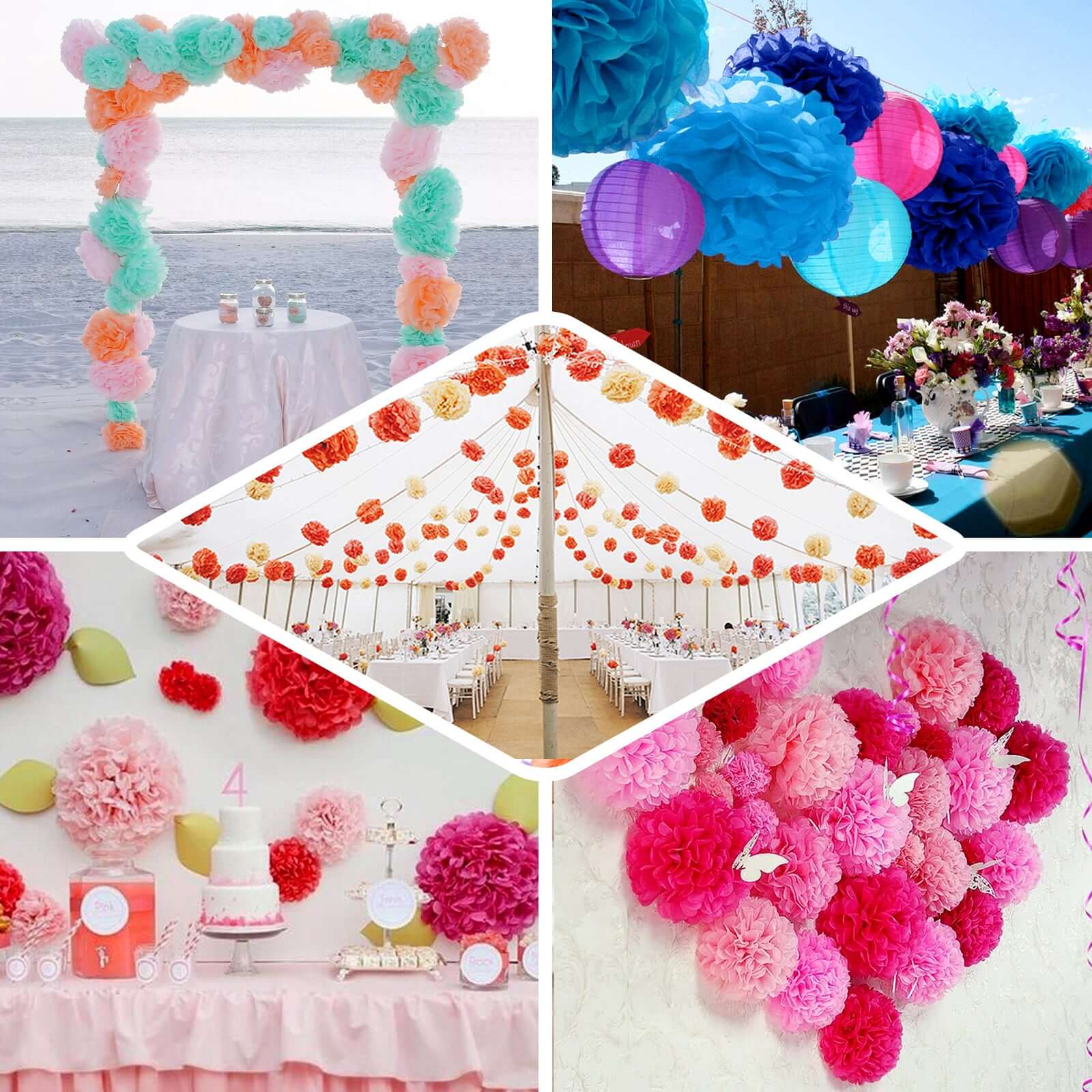 6 Pack White Tissue Paper Pom Poms Flower Balls, Ceiling Wall Hanging Decorations 10" - Image 5