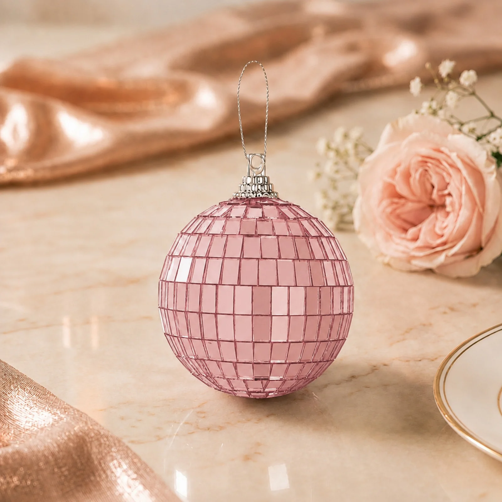 6 Pack Rose Gold Foam Disco Mirror Ball With Hanging Strings, Holiday Christmas Ornaments 2" - Image 8