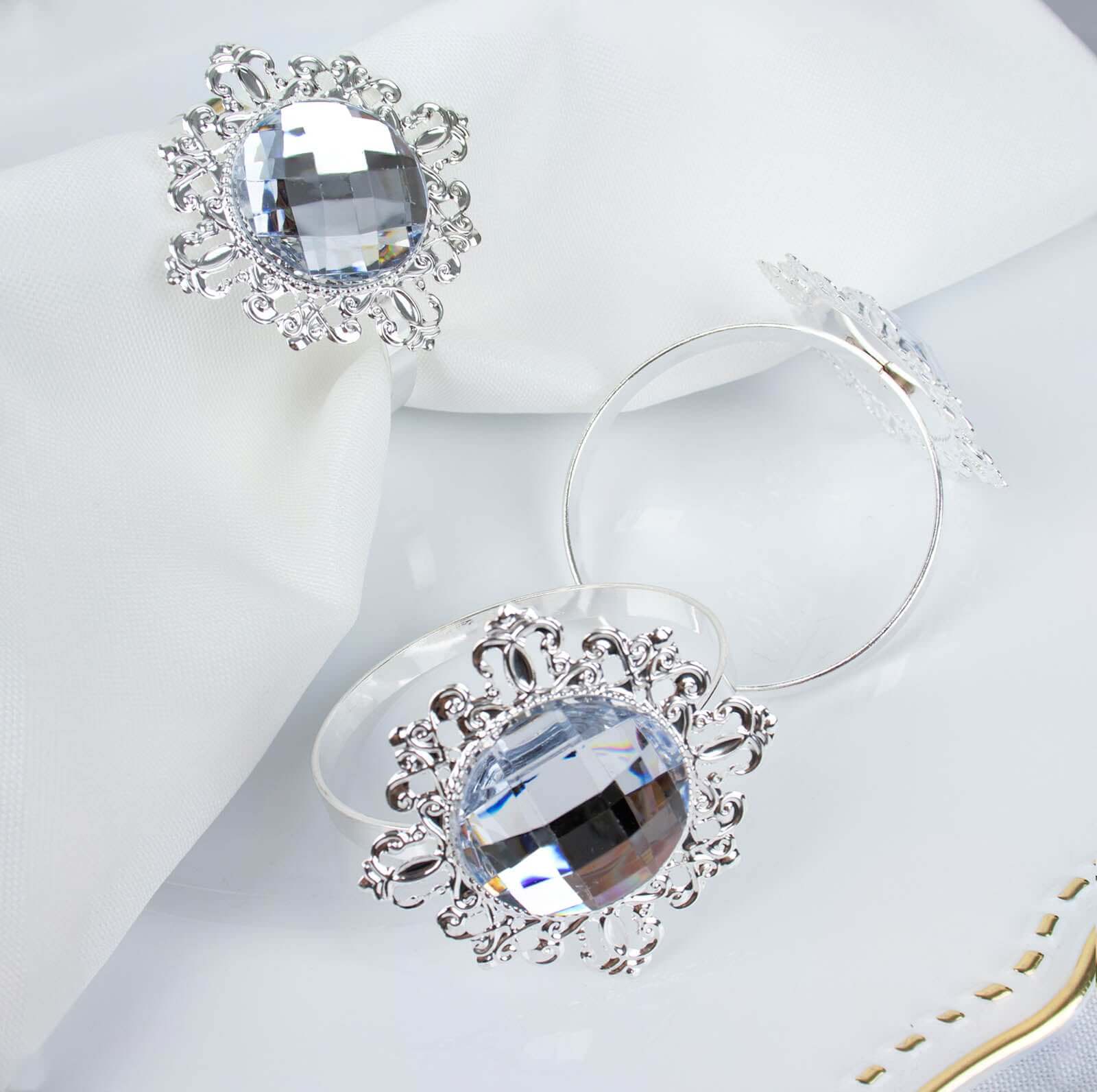 6 Pack Silver Metal Clear Diamond Bling Napkin Holders, Crystal Rhinestone Napkin Rings 2" - Image 6