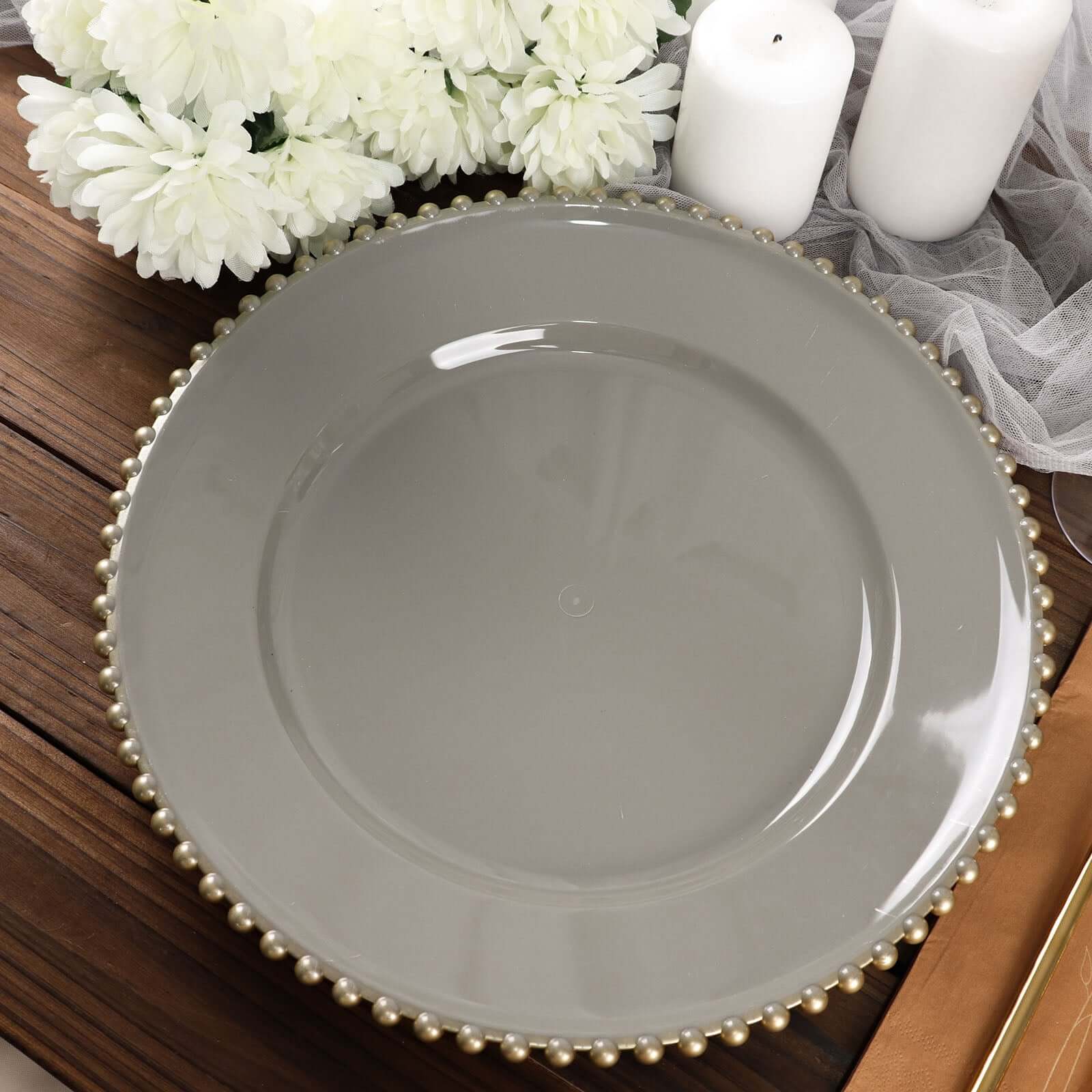 6-Pack Acrylic Charger Plates 13" Round Charcoal Gray with Gold Beaded Rim - Decorative Dinner Party Charger Tableware - Image 10