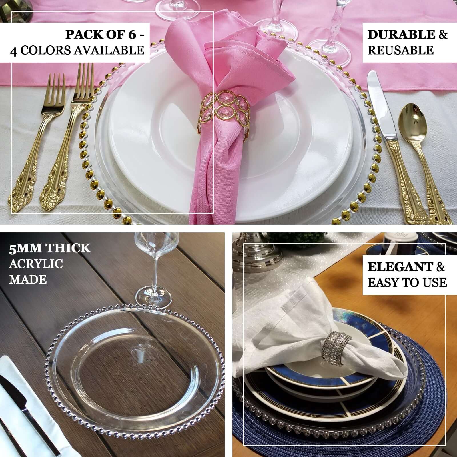 6-Pack Acrylic Charger Plates 13" Round Charcoal Gray with Gold Beaded Rim - Decorative Dinner Party Charger Tableware - Image 4