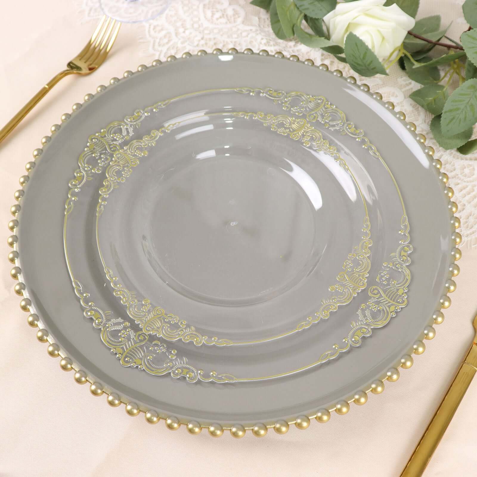 6-Pack Acrylic Charger Plates 13" Round Charcoal Gray with Gold Beaded Rim - Decorative Dinner Party Charger Tableware - Image 8