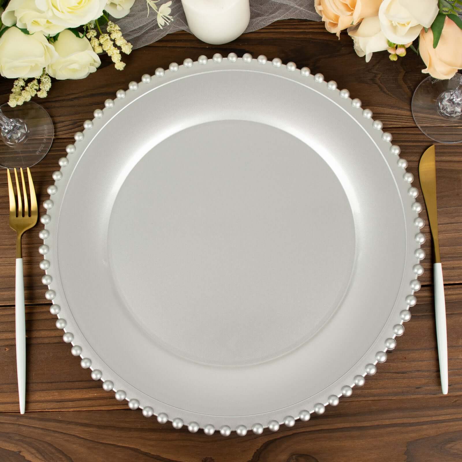 6-Pack Acrylic Charger Plates 13" Round Silver with Beaded Rim - Decorative Dinner Party Charger Tableware