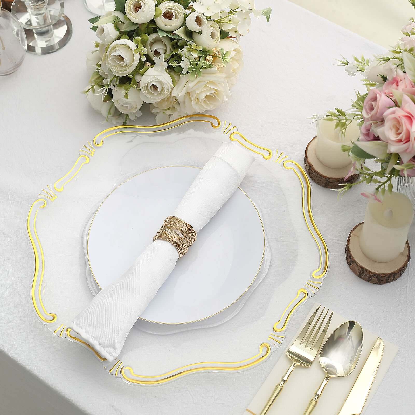 6-Pack Acrylic Plastic Charger Plates 13" Hexagon Clear Gold Baroque Scalloped Rim - Exquisite Dinner Serving Plates - Image 11