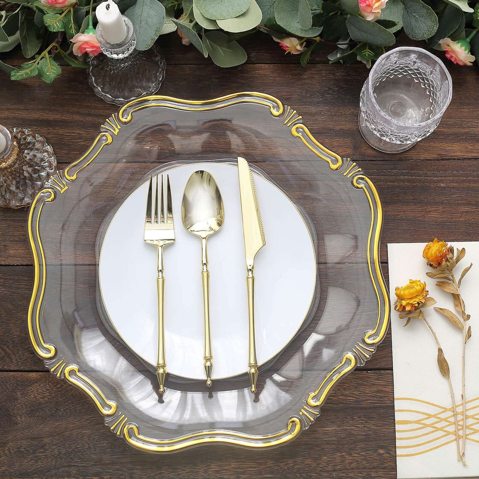 6-Pack Acrylic Plastic Charger Plates 13" Hexagon Clear Gold Baroque Scalloped Rim - Exquisite Dinner Serving Plates - Image 12