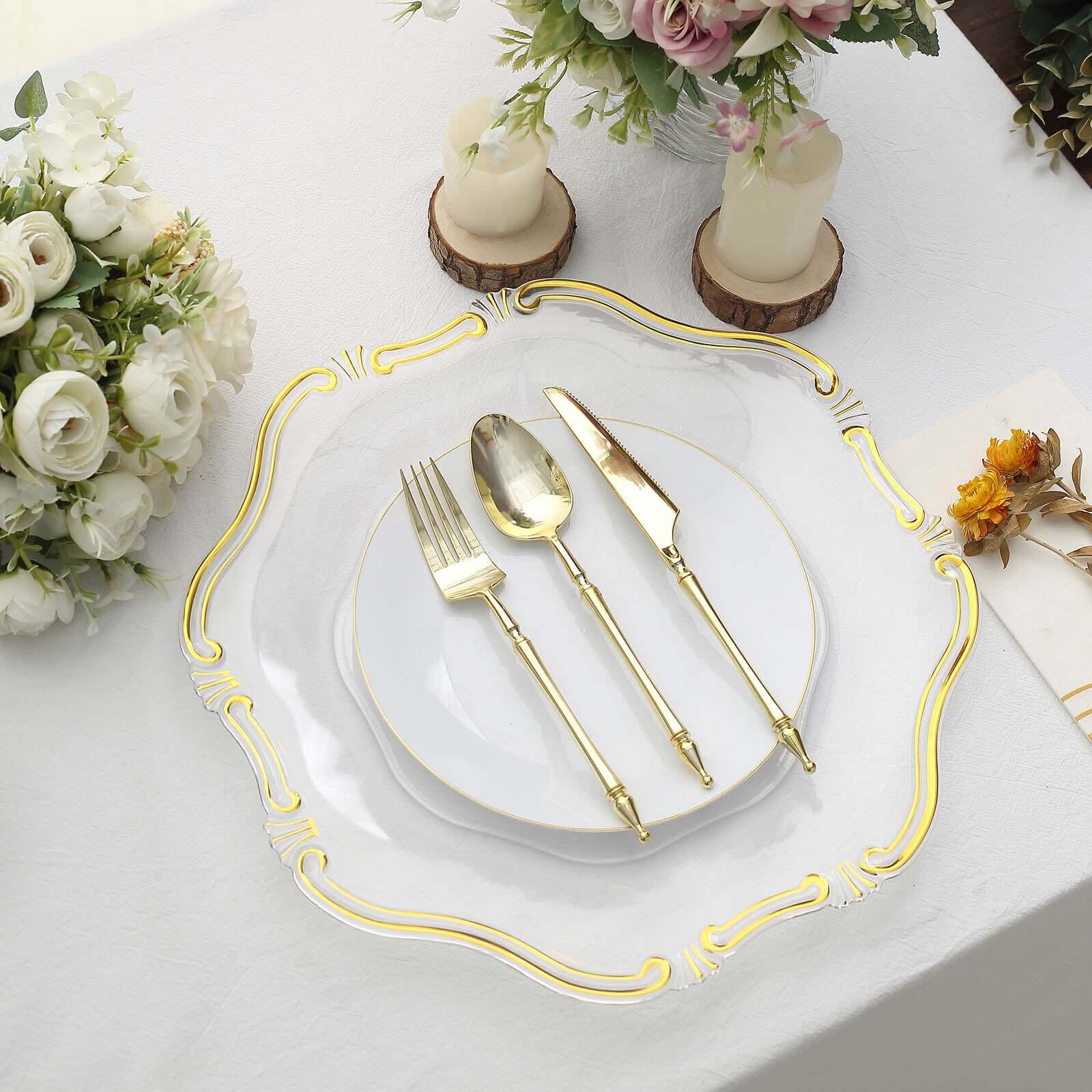 6-Pack Acrylic Plastic Charger Plates 13" Hexagon Clear Gold Baroque Scalloped Rim - Exquisite Dinner Serving Plates - Image 13