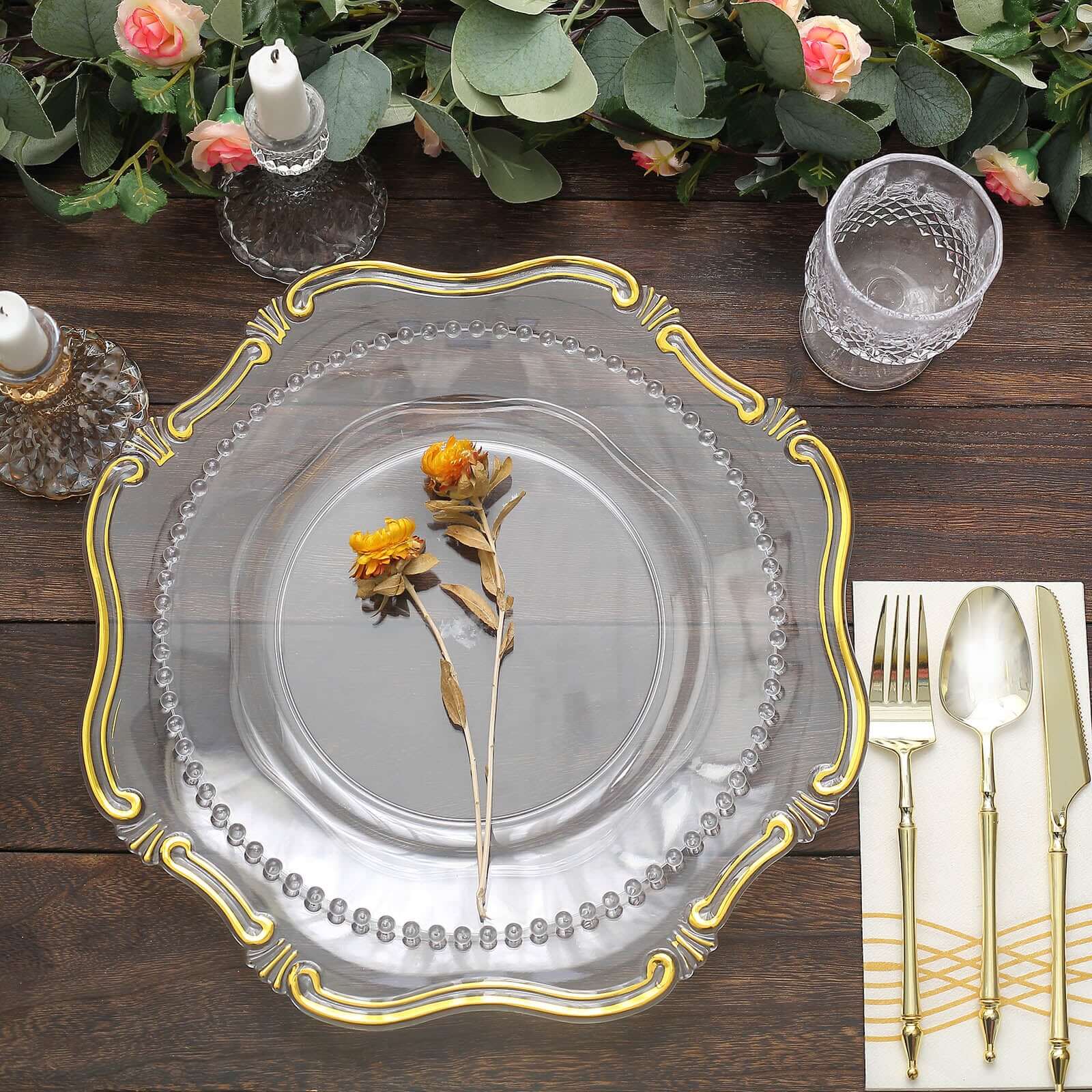 6-Pack Acrylic Plastic Charger Plates 13" Hexagon Clear Gold Baroque Scalloped Rim - Exquisite Dinner Serving Plates - Image 14