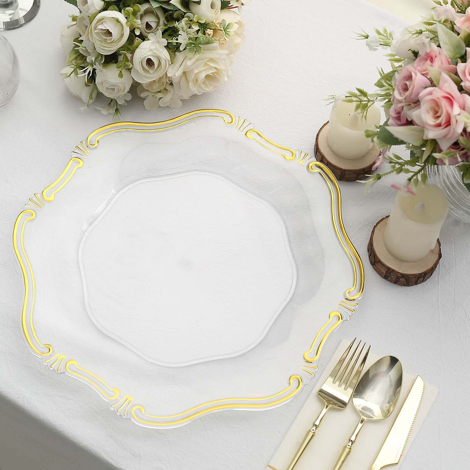 6-Pack Acrylic Plastic Charger Plates 13" Hexagon Clear Gold Baroque Scalloped Rim - Exquisite Dinner Serving Plates - Image 16