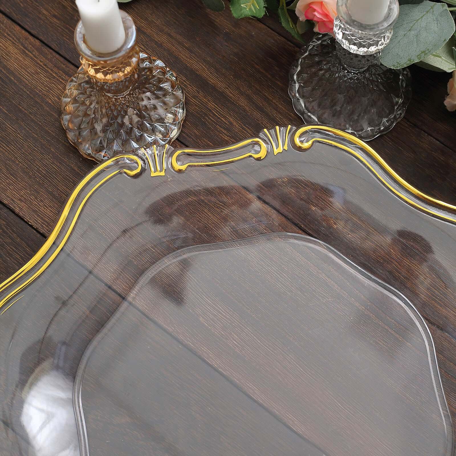 6-Pack Acrylic Plastic Charger Plates 13" Hexagon Clear Gold Baroque Scalloped Rim - Exquisite Dinner Serving Plates - Image 17