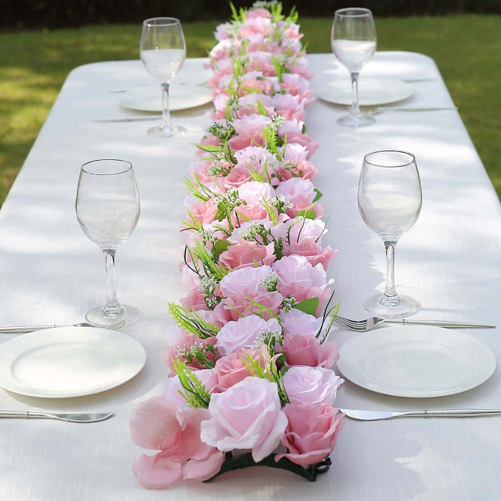 6 Pack Blush Dusty Rose Silk Flower Panel Table Runner, Artificial Floral Arrangements Dining Table Decor - 20"x8" - Image 7