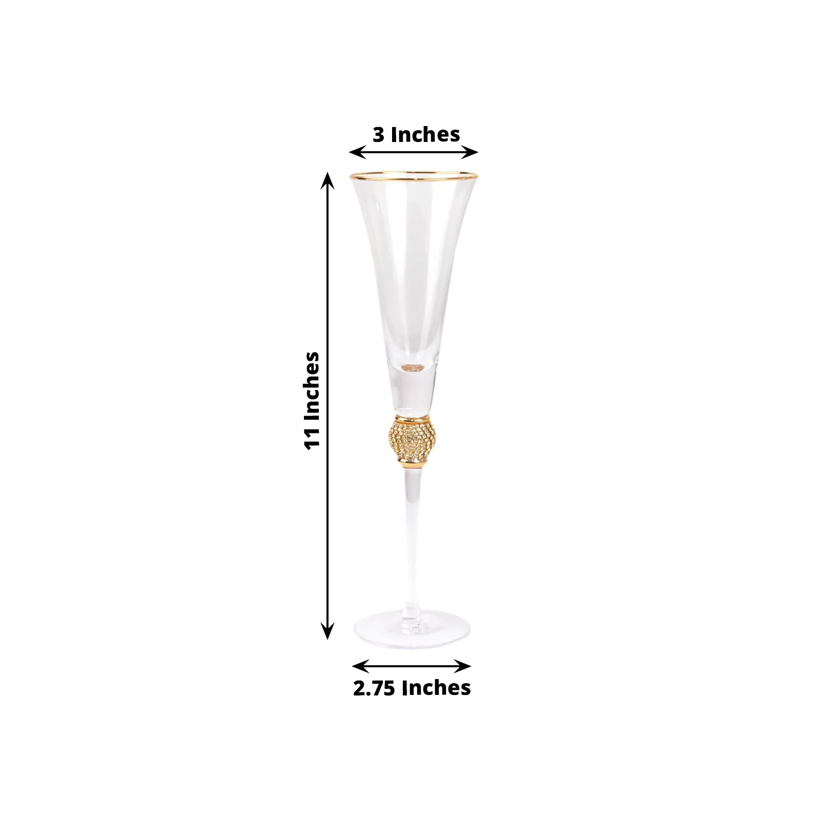 6-Pack Clear Champagne Flute Glasses 6oz Gold Rim Design with Studded Rhinestones 11" - Long Stem Crystal Glasses for Toasting & Cocktails - Image 3
