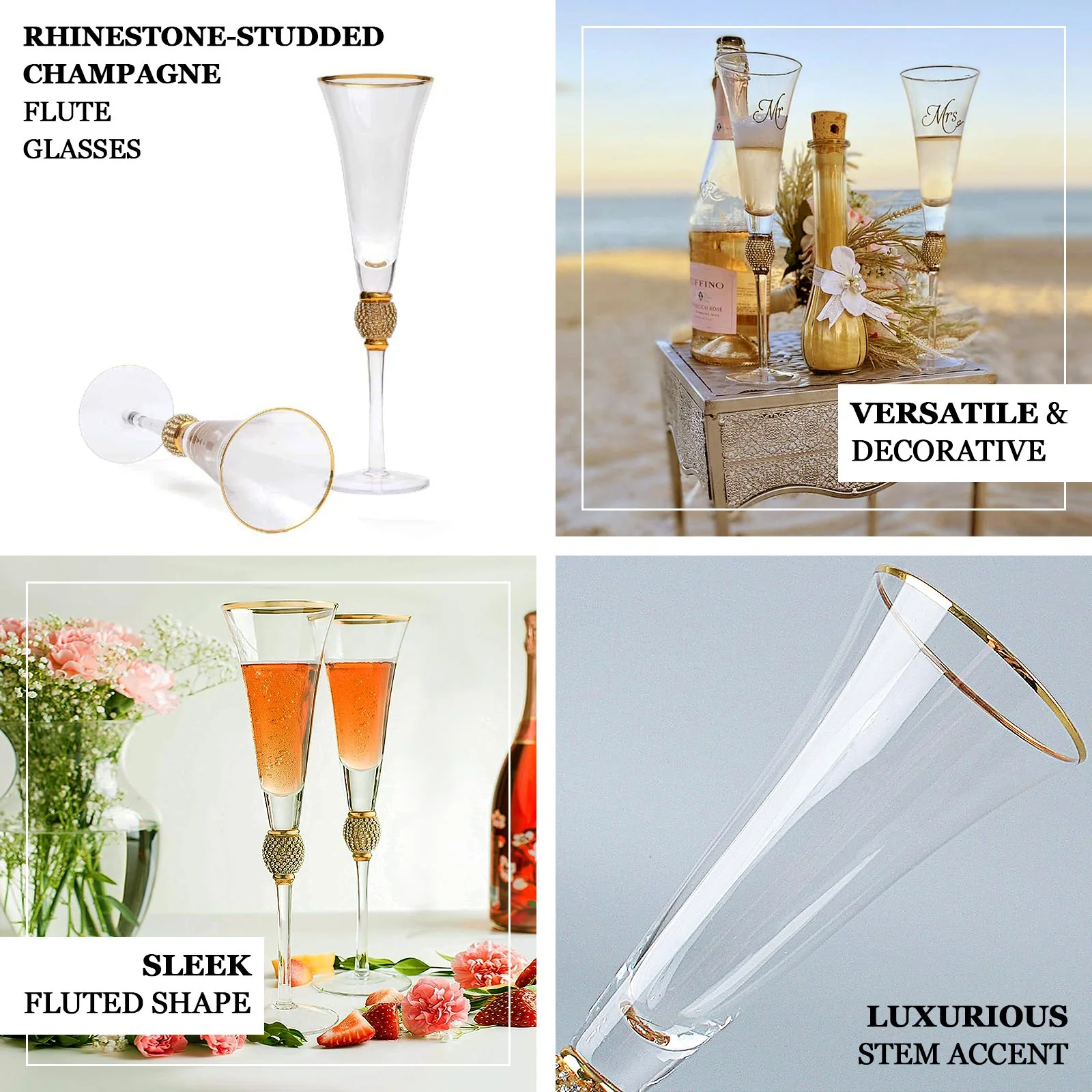 6-Pack Clear Champagne Flute Glasses 6oz Gold Rim Design with Studded Rhinestones 11" - Long Stem Crystal Glasses for Toasting & Cocktails - Image 4