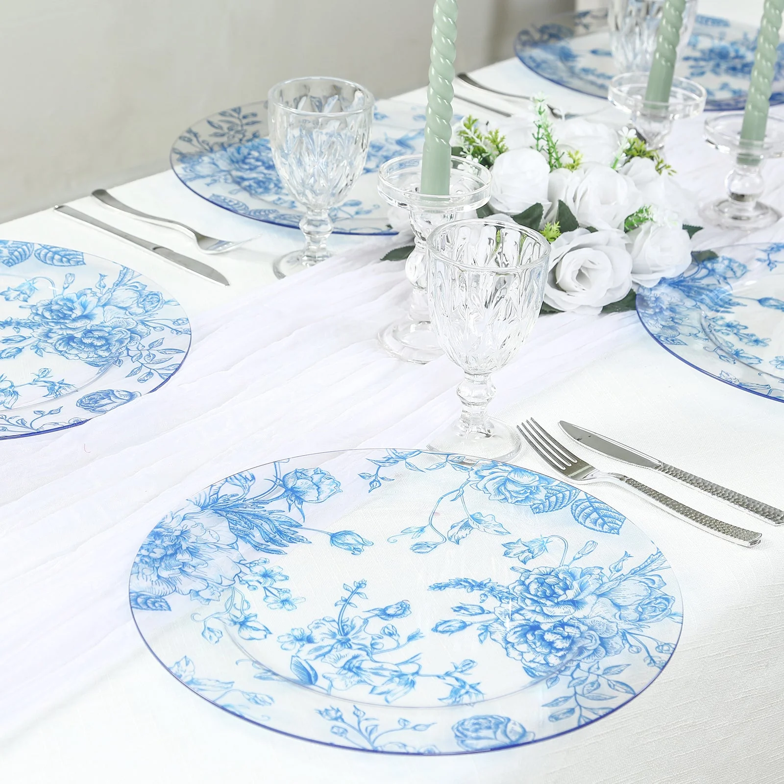 6 Pack Floral Acrylic Charger Plates in French Toile Pattern, Clear Light Blue Round Dinner Charger Event Tabletop Decor - 13" - Image 5