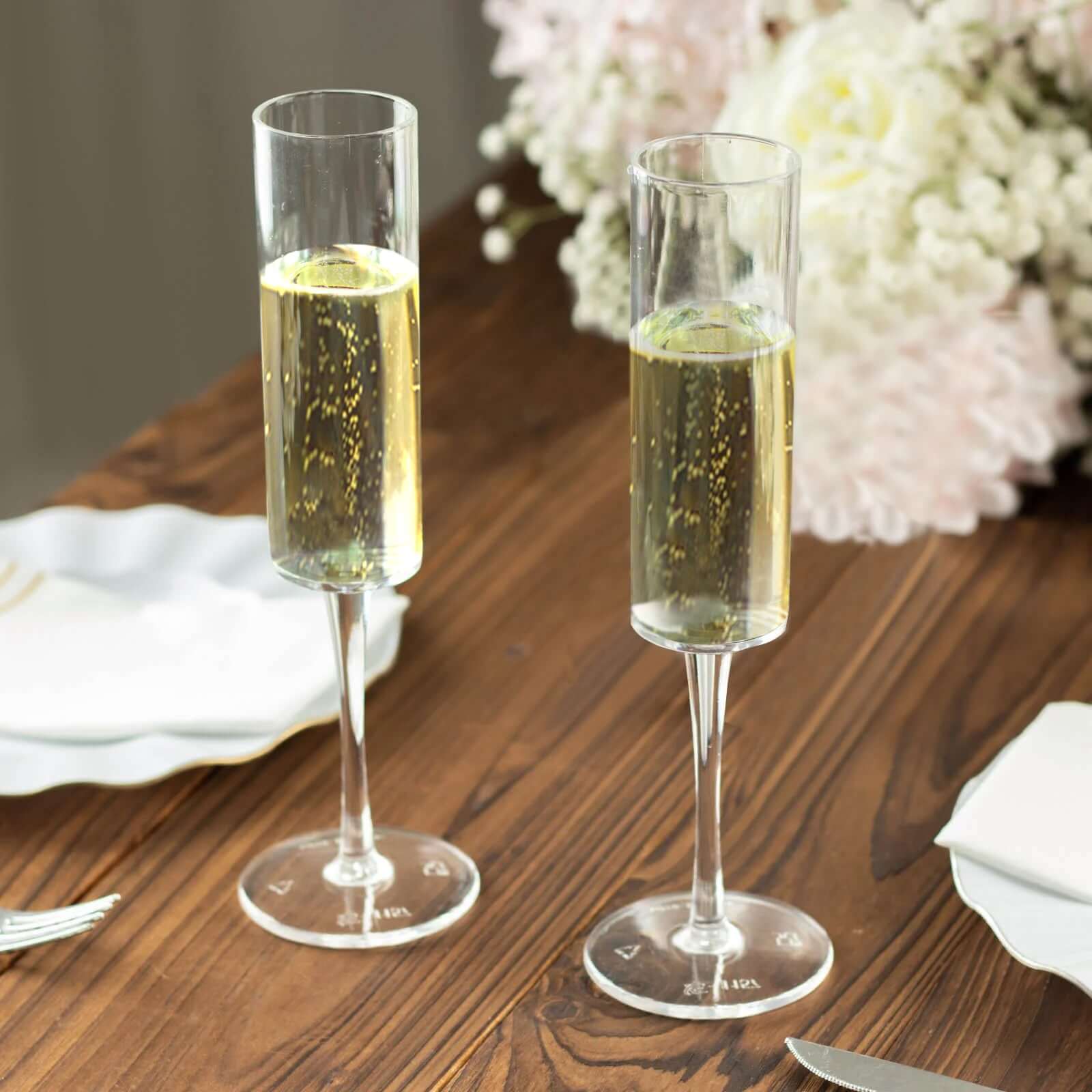 6-Pack Clear Plastic Champagne Flute Glasses 6oz, Cylindrical Shape with Long Stems - Reusable Wine Mimosa Goblets 9.5" Tall
