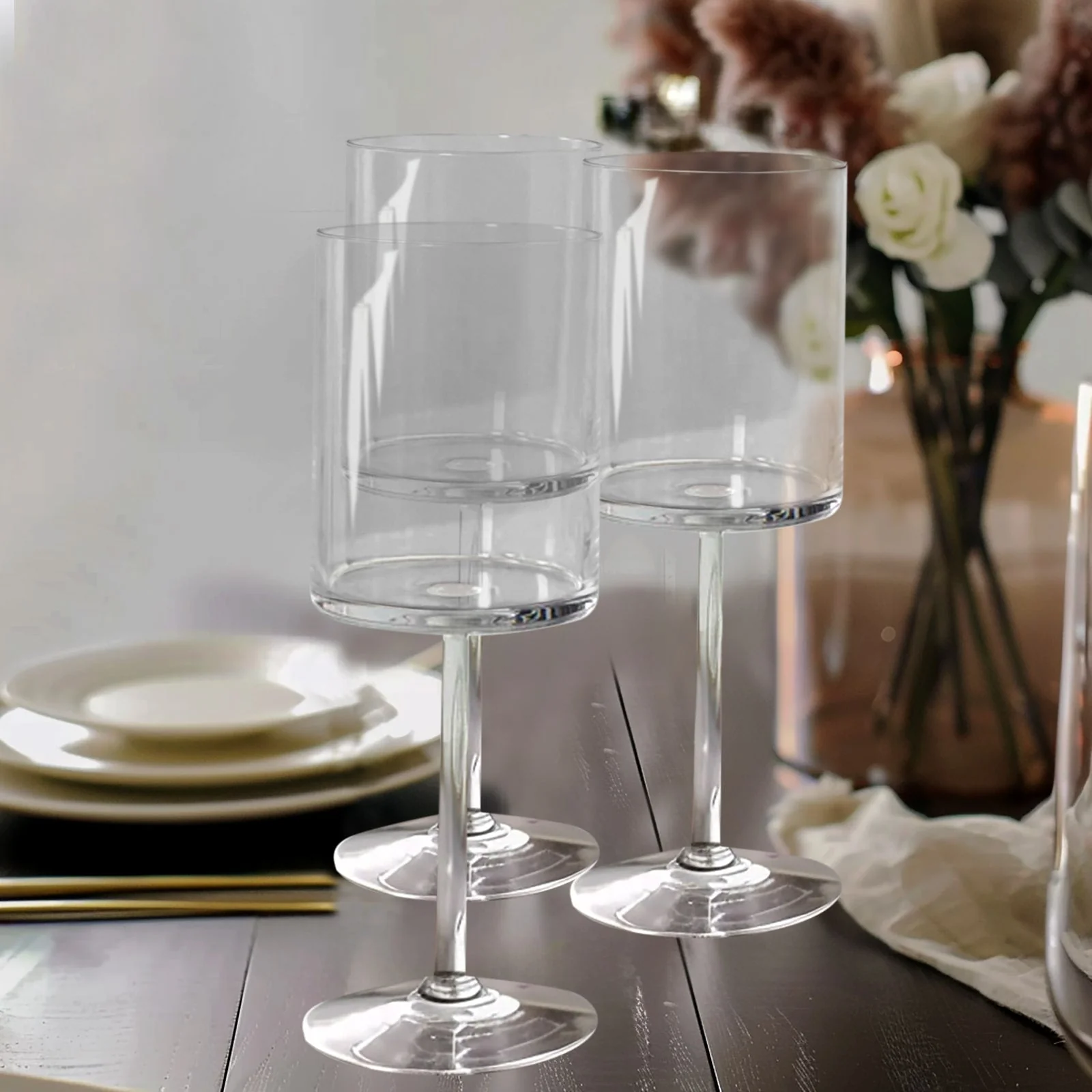 6-Pack Clear Plastic Cylindrical Wine Glasses 10oz, Long Stem - Shatterproof Reusable Cocktail Glasses