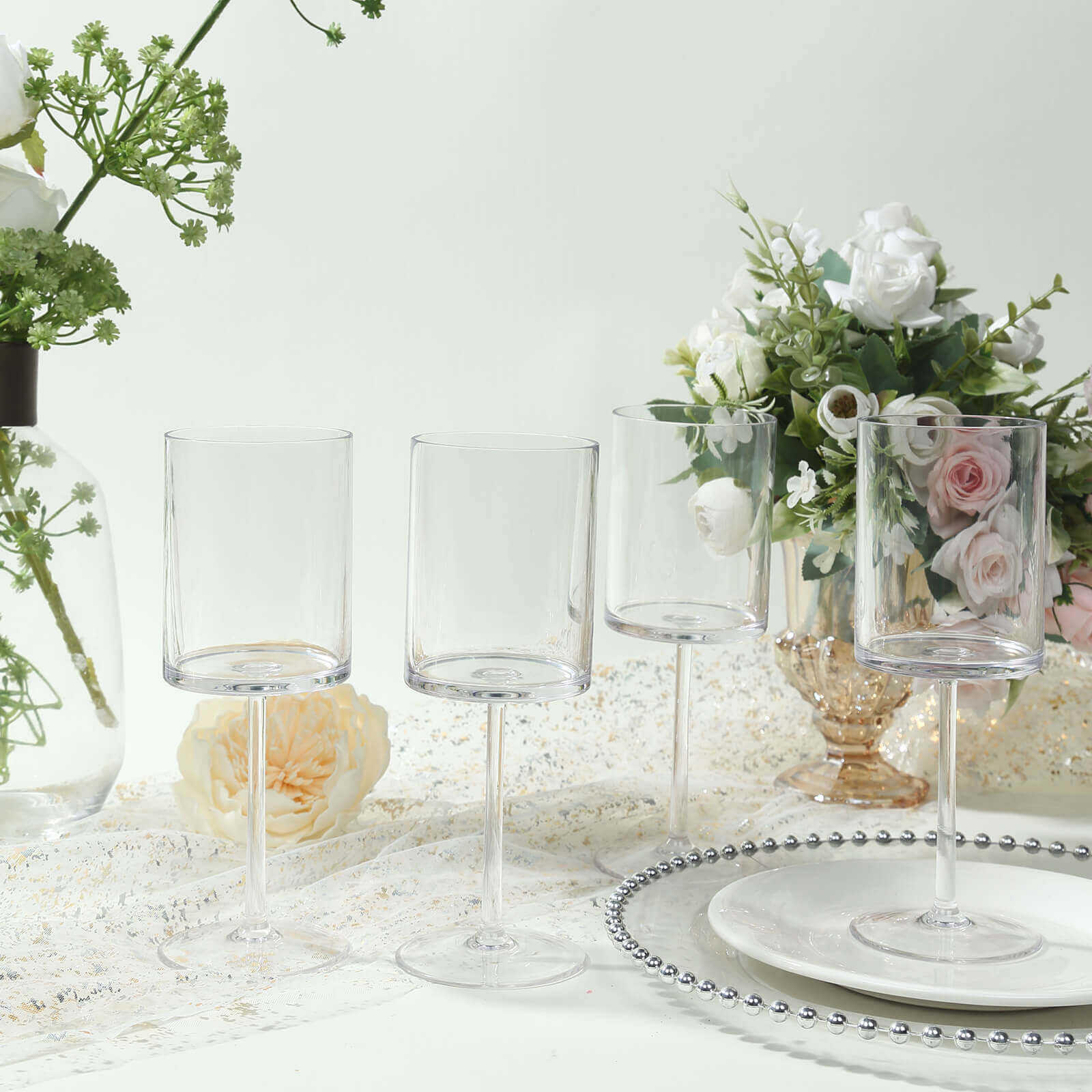 6-Pack Clear Plastic Cylindrical Wine Glasses 10oz, Long Stem - Shatterproof Reusable Cocktail Glasses - Image 8
