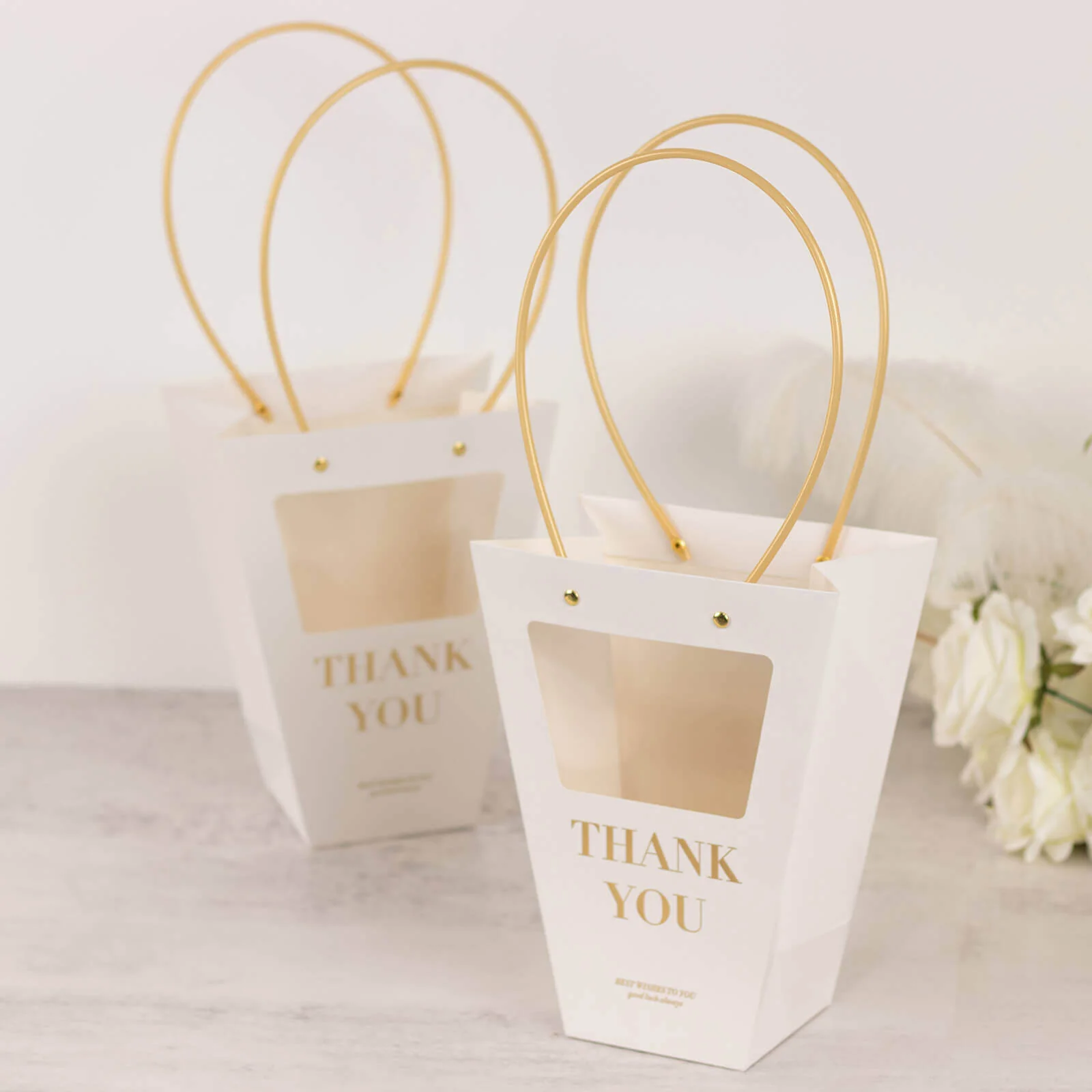6 Pack Clear Window White Paper Flower Gift Bags With Handles, Transparent Thank You Party Favor Tote Bags in Trapezium Shape - 8"x10" - Image 5
