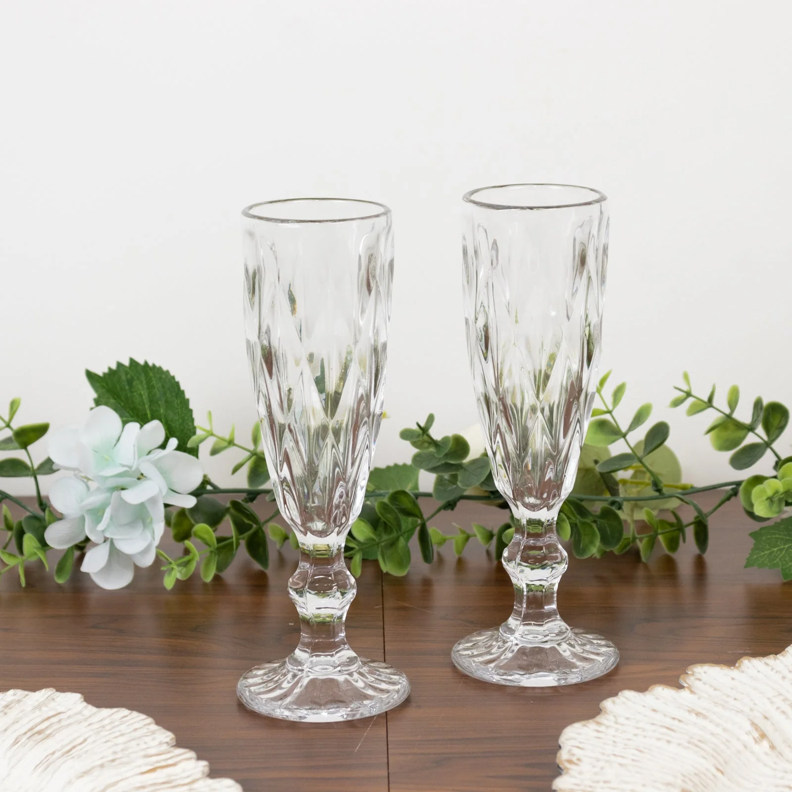 6-Pack Crystal Cut Champagne Flute Glasses 6oz Textured Design Clear 8" - Wine Goblets for Toasts & Celebrations