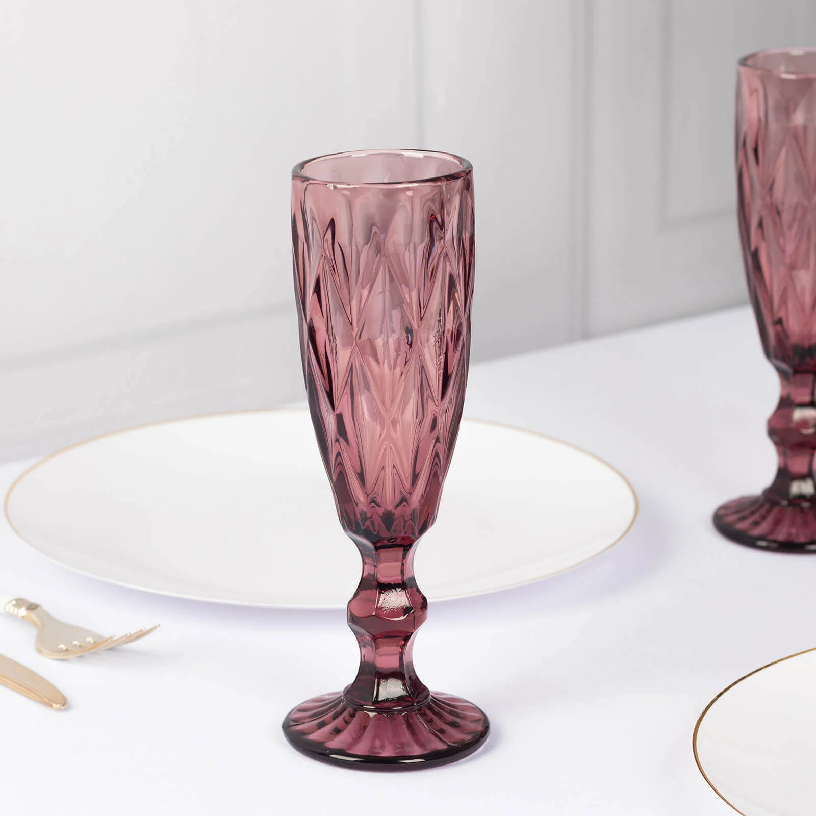 6-Pack Crystal Cut Champagne Flute Glasses 6oz Textured Design Transparent Dusty Rose 8" - Wine Goblets for Toasts & Celebrations