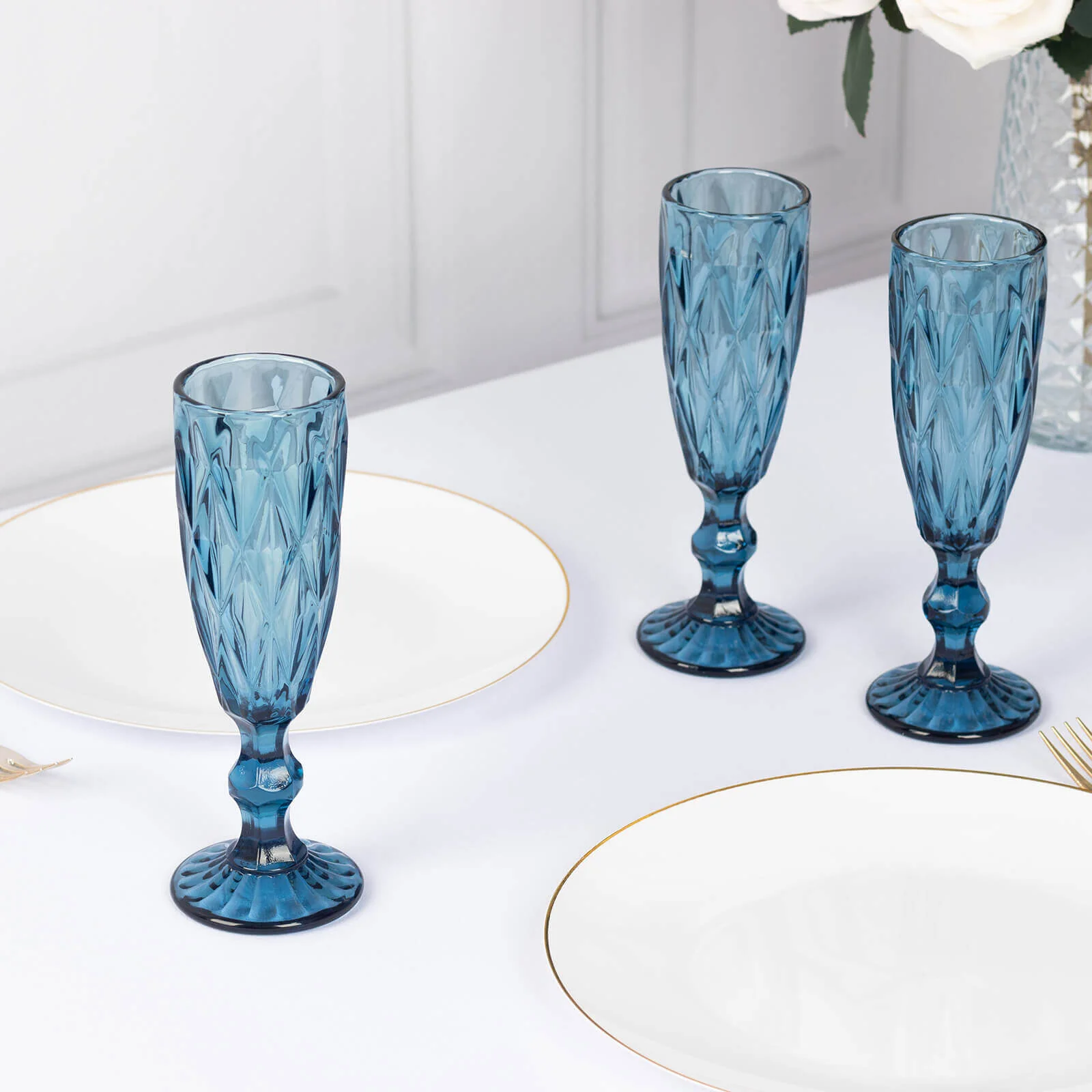6-Pack Crystal Cut Champagne Flute Glasses 6oz Textured Design Transparent Ocean Blue 8" - Wine Goblets for Toasts & Celebrations - Image 2